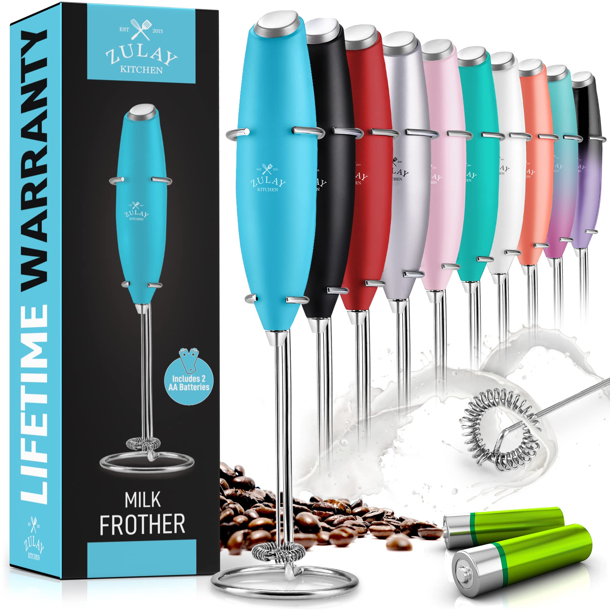 Zulay Premium Electric Milk Frother with Upgraded Titanium Motor - Handheld Battery-Powered Frother for Coffee, Lattes, Hot Chocolate & Matcha - Mini Blender & Whisk for Foaming, Mixing & Baking (Teal, Batteries Included) - Perfect for Home, Office & Coffee Shops