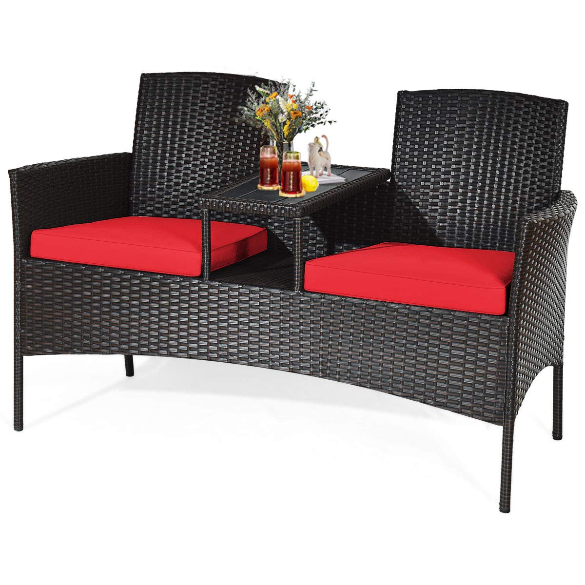Outdoor Rattan Wicker Loveseat Patio Set with Removable Cushions & Coffee Table - Garden Lawn Backyard Conversation Furniture for Relaxing & Entertaining