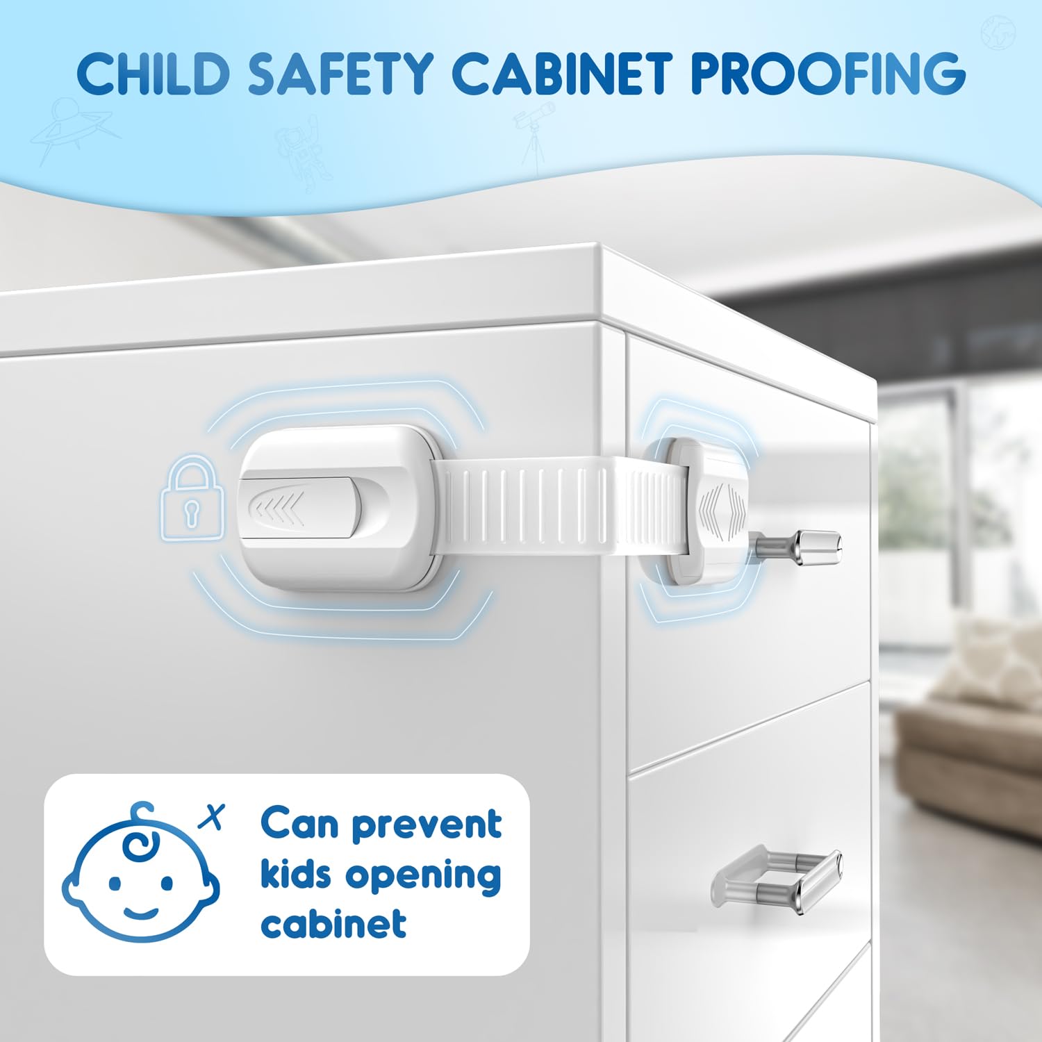 SOGUDE 10 Pack No Drill Baby Proof Cabinet Locks - Child Safety Locks with 3M Adhesive for Kitchen Cabinets, Drawers & Doors (White) | Perfect for Baby Proofing Homes & Childcare Centers