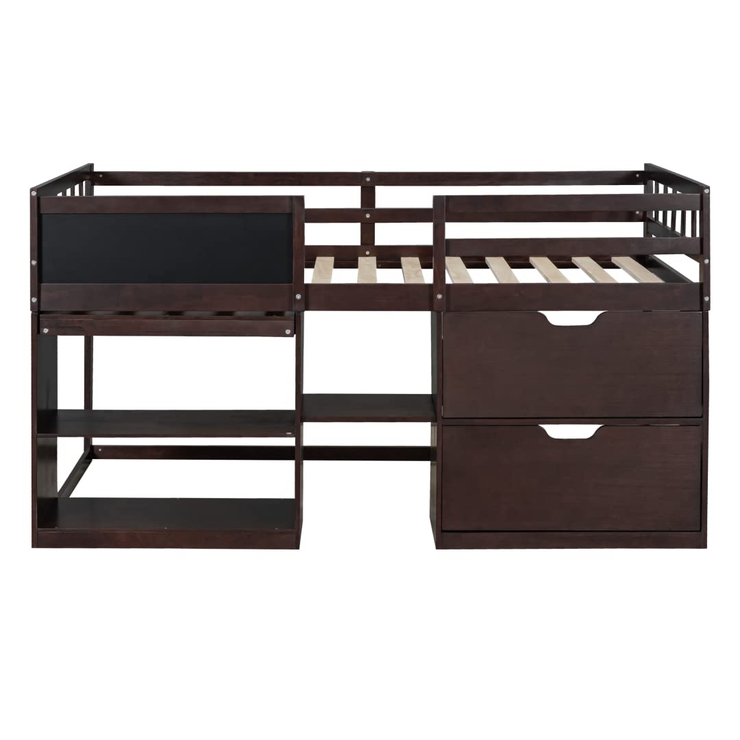 Twin Size Loft Bed with Rolling Desk & Storage - Low Loft Bed Frame with 2 Drawers, Open Shelves & Blackboard for Kids - Space-Saving Wood Bed for Boys & Girls (Espresso) - Perfect for Small Bedrooms, Dorm Rooms & Kids' Study Areas