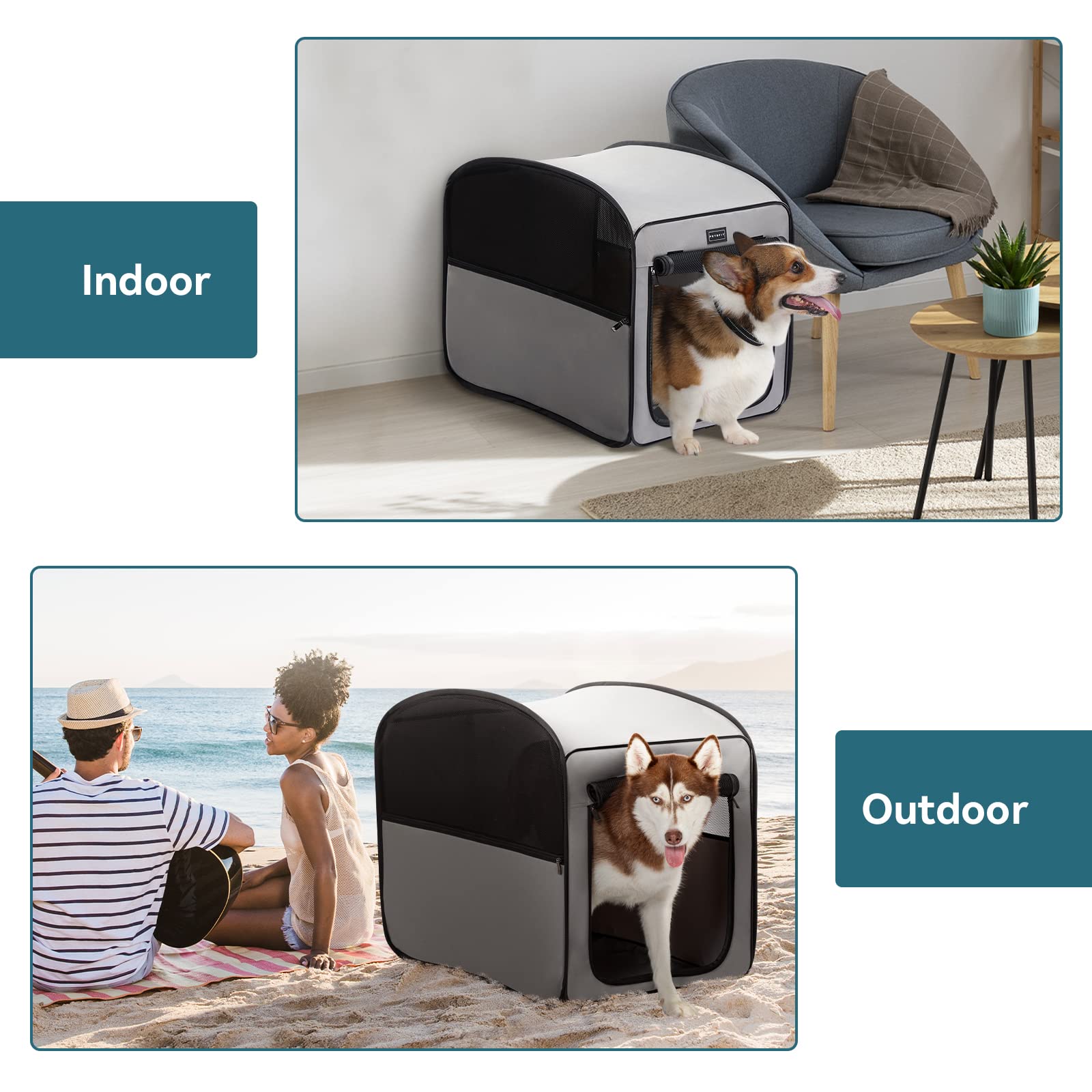 Petsfit Portable & Waterproof Dog Crate for Medium Dogs - Lightweight Pop Up Pet Cage Kennel for Indoor Outdoor Use, Travel Carrier (Grey) - Perfect for Camping, Road Trips & Home Training