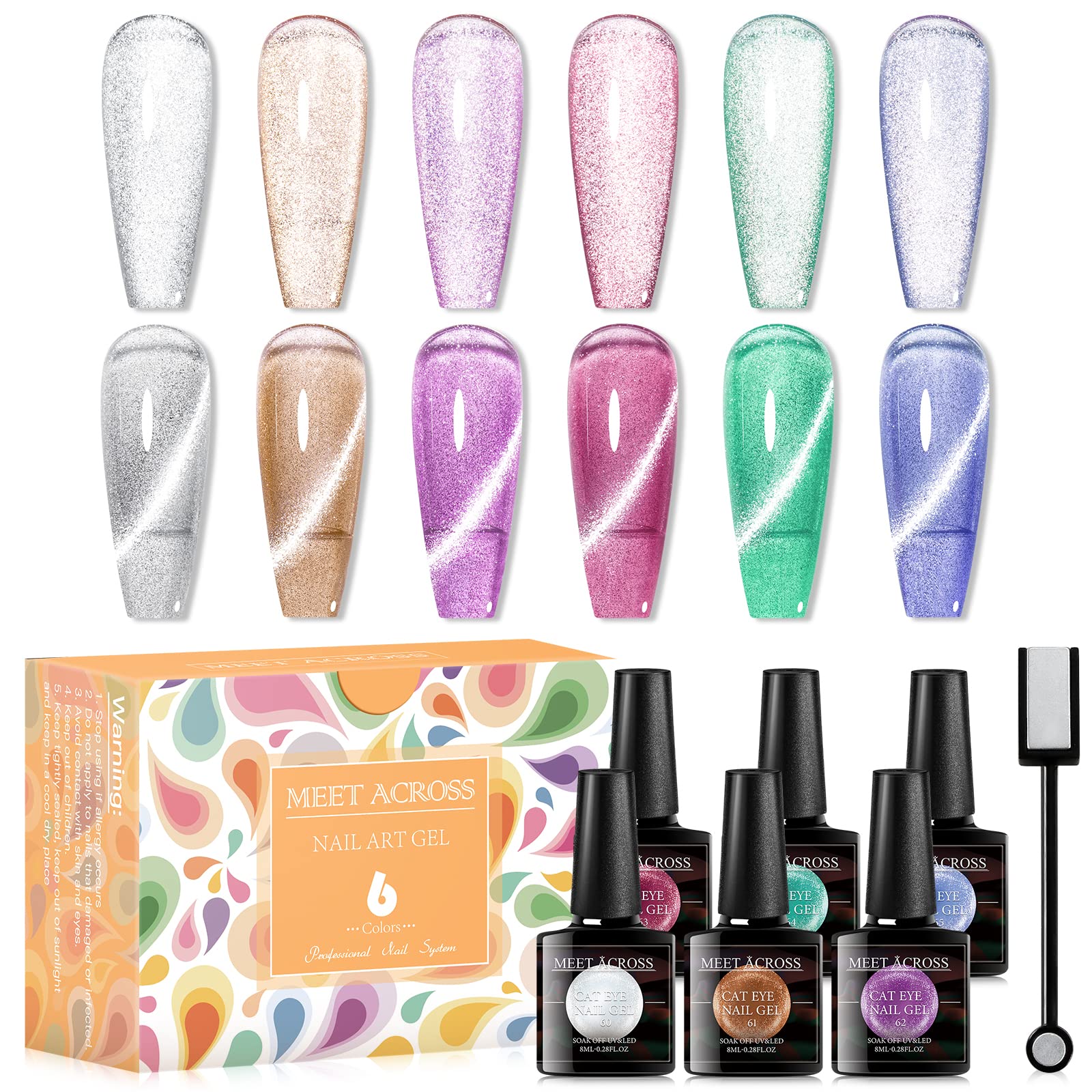 UV LED Cat Eye Gel Nail Polish Kit - 6 Colors with Magnet Stick for Manicure & Nail Art Gifts