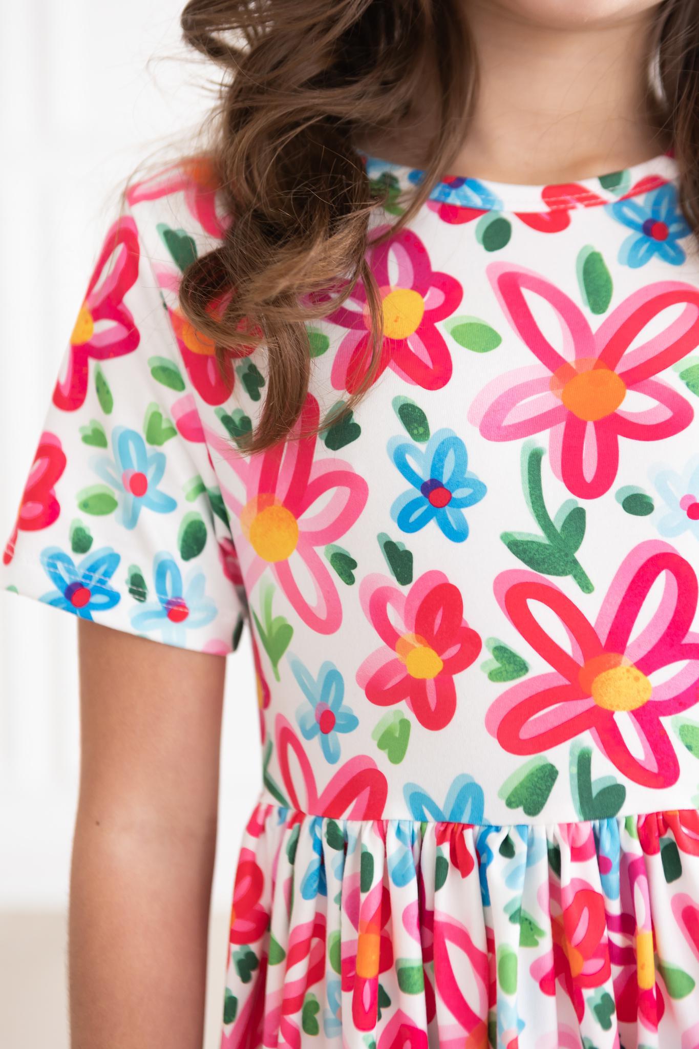 Neon Floral Short Sleeve Pocket Twirl Dress for Women - Perfect for Summer Parties, Beach Vacations & Casual Outings