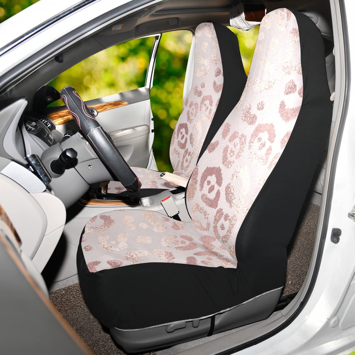 2PC Pink Leopard & Cheetah Print Neoprene Car Seat Covers for Women - Rose Gold Bling Front Seat Protectors with Organizer Pockets - Fits Auto, SUV, Truck - Perfect for Stylish Commuting & Road Trips