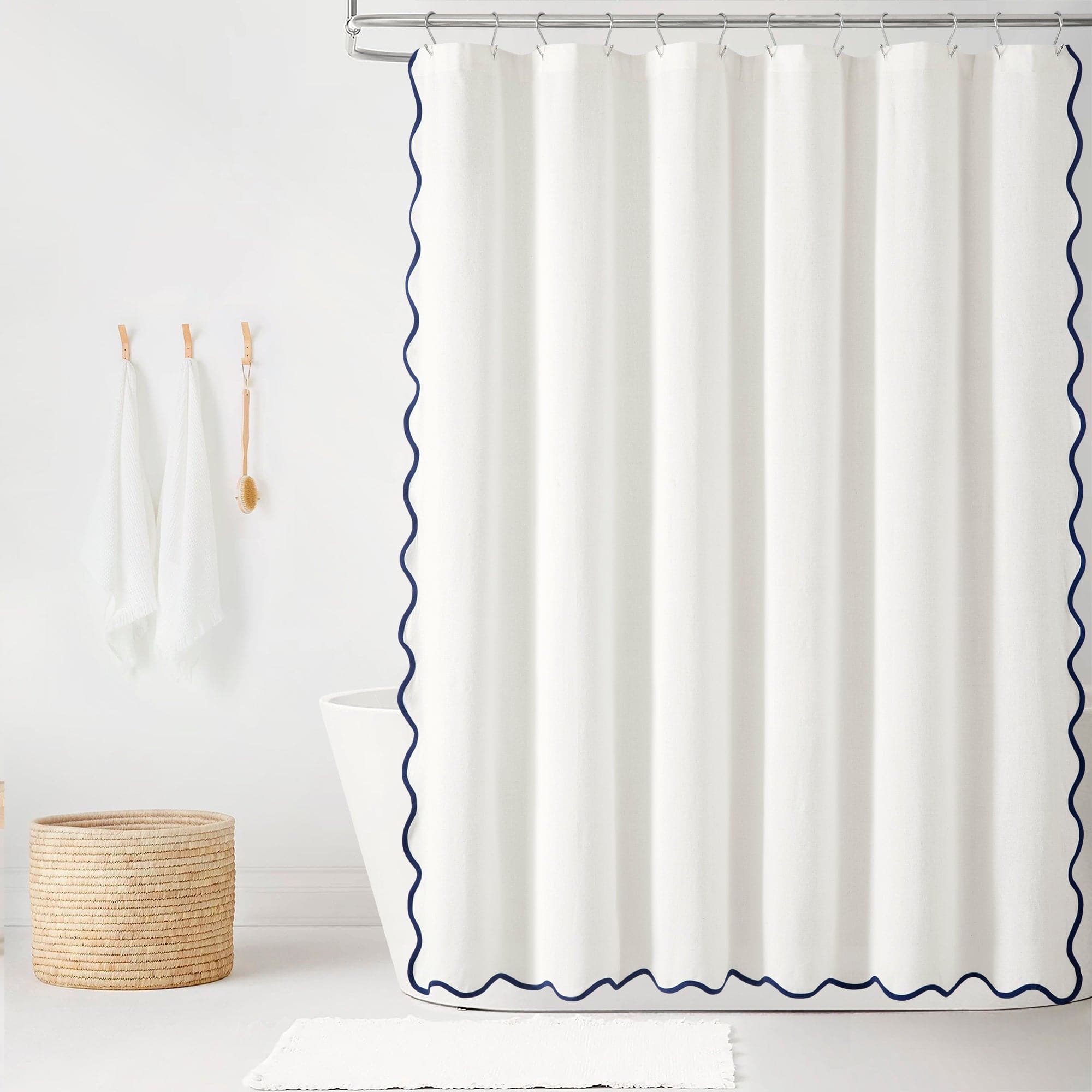 Coastal Chic Scalloped Edge Shower Curtain - Waterproof Bathroom Decor for Beach House, Cottage & Coastal Style Homes - Perfect for Bathroom Makeovers and Nautical Themed Decor