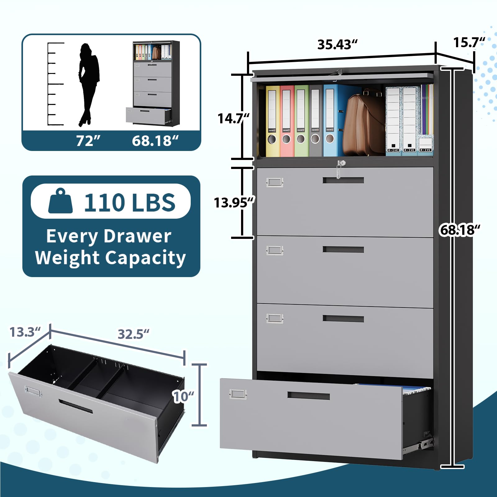 MIIIKO 4 Drawer Metal File Cabinet with Shelf & Flip Door - 5 Tier Lateral Filing Cabinet with Lock, 36