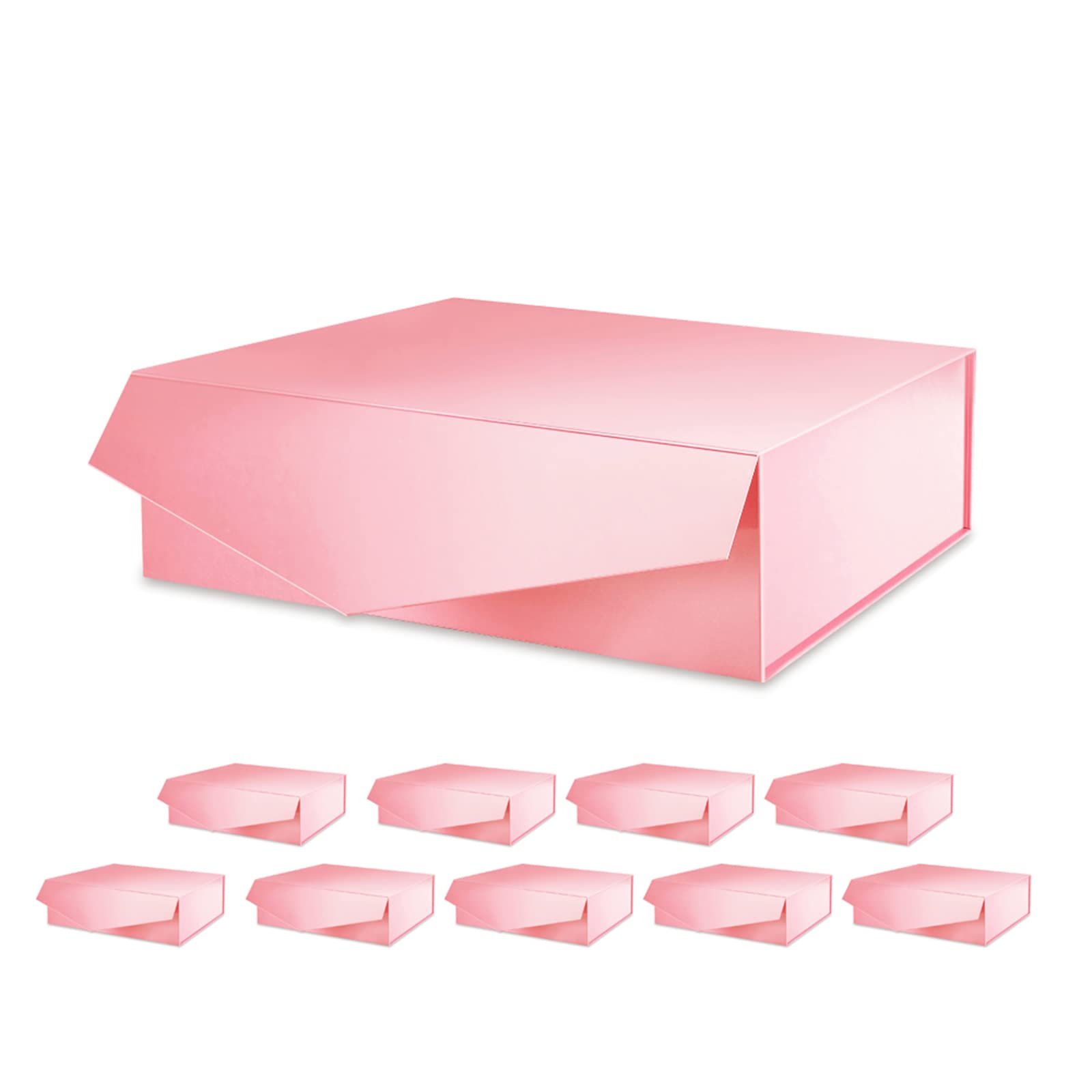 PACKQUEEN 10 Large Gift Boxes 13.5x9x4.1 Inches with Lids - Magnetic Closure Collapsible Storage Boxes for Bridesmaid Proposals, Jewelry, Cosmetics & Party Favors (Glossy Pink)