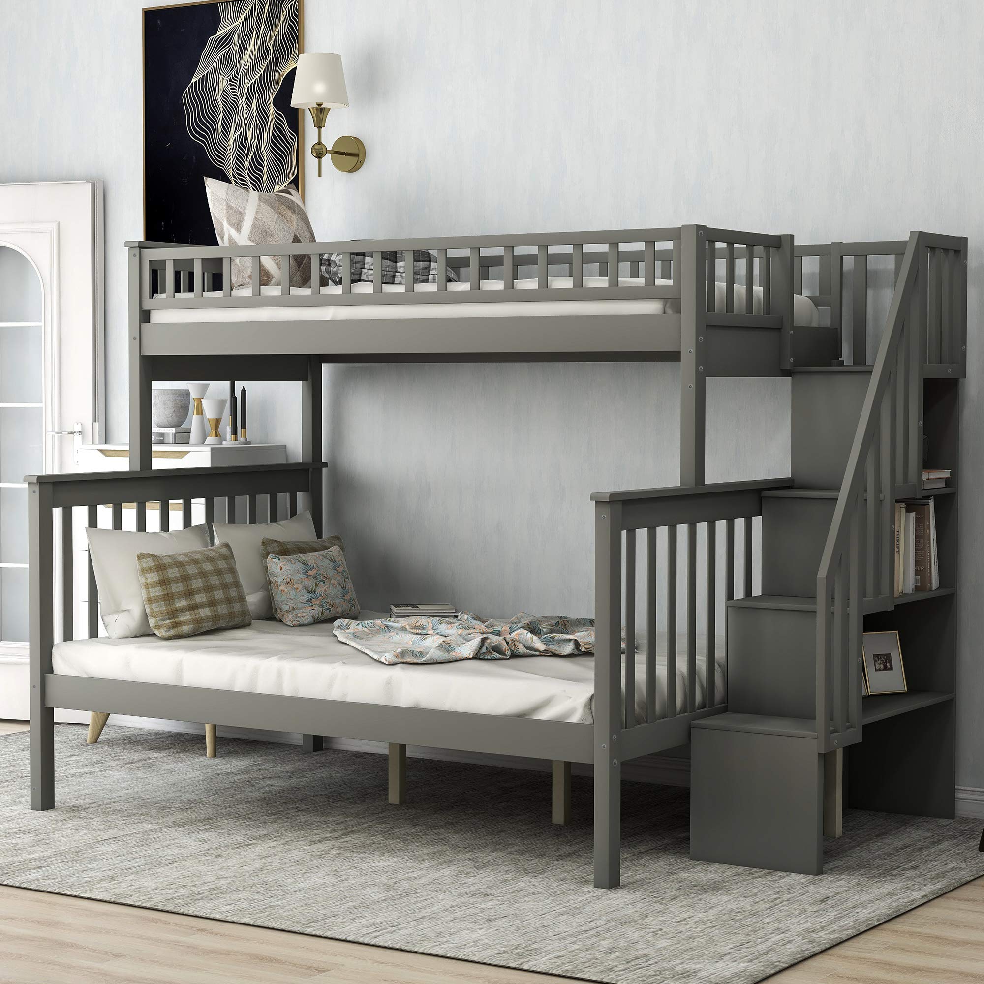 P PURLOVE Stackable Twin Over Full Bunk Bed with Stairway - Wooden Storage Bunk Bed with Shelves & Guard Rail for Kids & Teens - Convertible into 2 Separate Beds - Gray Bed Frame - Perfect for Small Bedrooms, Dorms & Shared Kids' Rooms