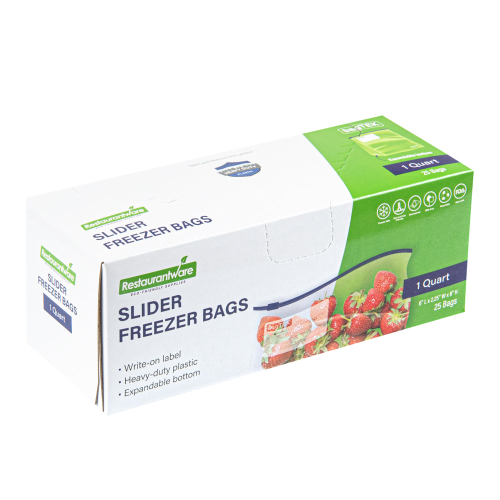 BPA-Free 1 Quart Clear Plastic Freezer Bags with Expandable Bottom & Write-On Label - 25 Count Box (6