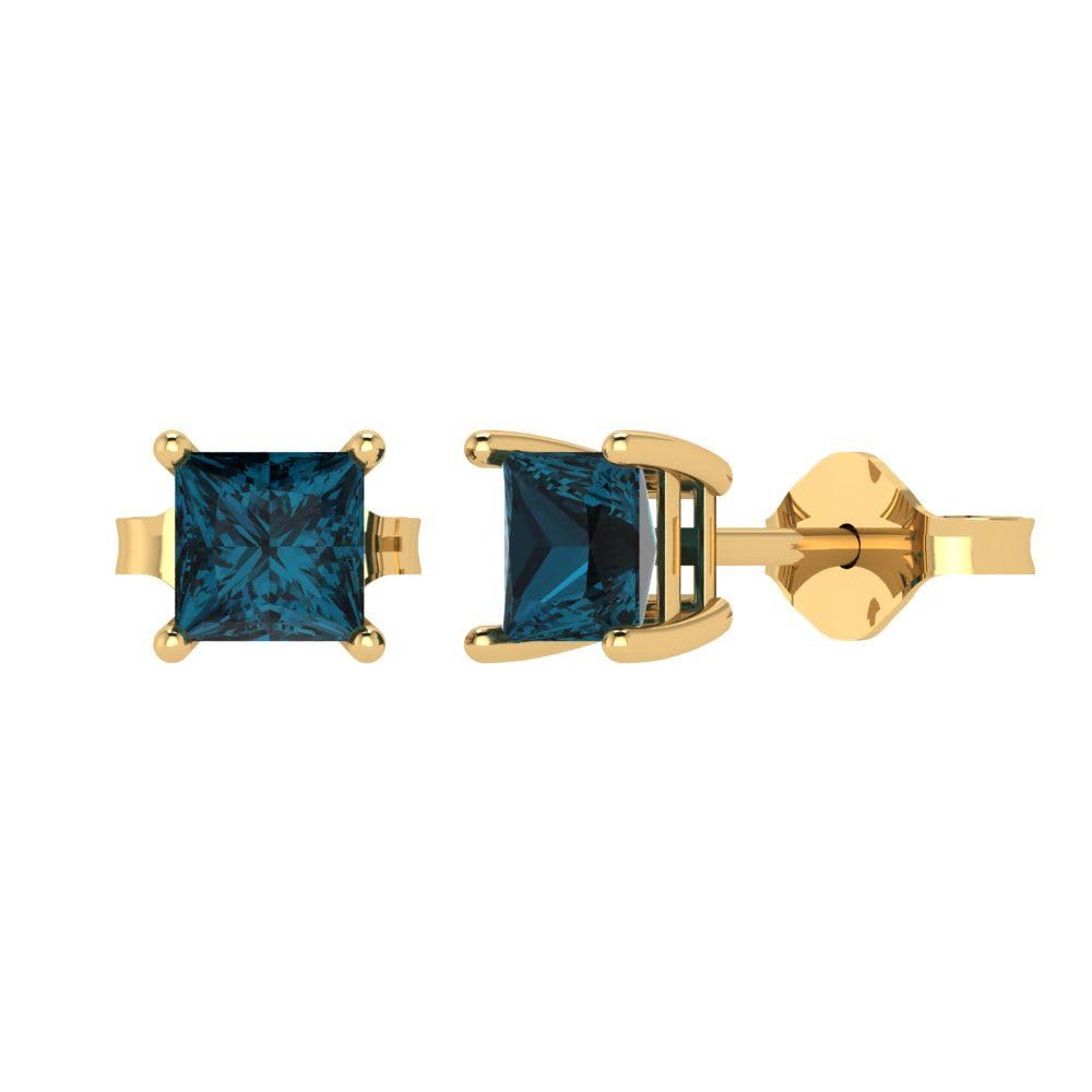 1.94cttw Princess Cut Natural London Blue Topaz Stud Earrings in 14K Yellow Gold - Push Back Closure, Anniversary Gift for Her - Perfect for Weddings, Parties & Special Occasions