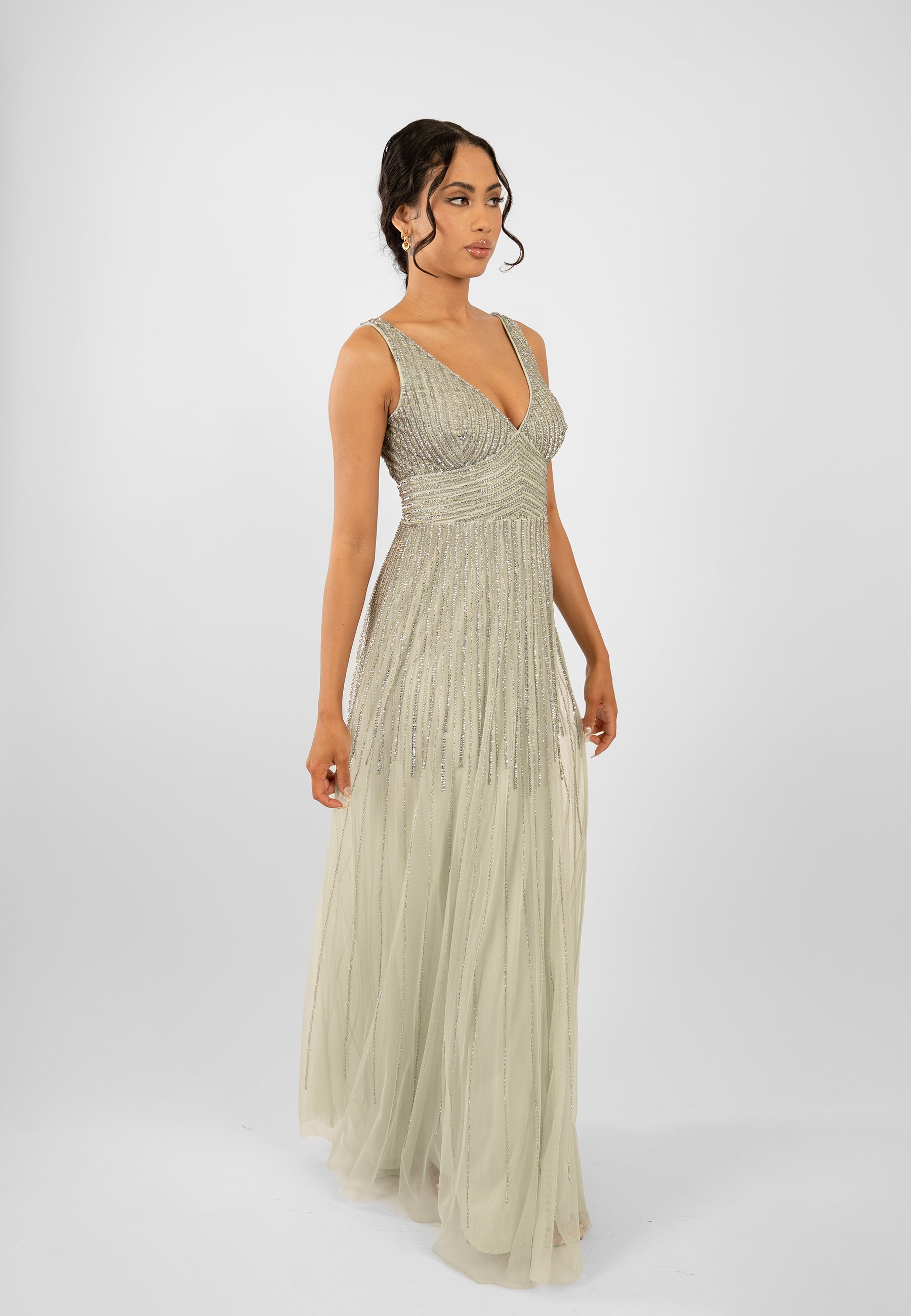 Lorelai Sage Green Embellished Maxi Dress for Women - Elegant Long Flowy Dress with Beaded Details - Perfect for Weddings, Parties & Special Occasions