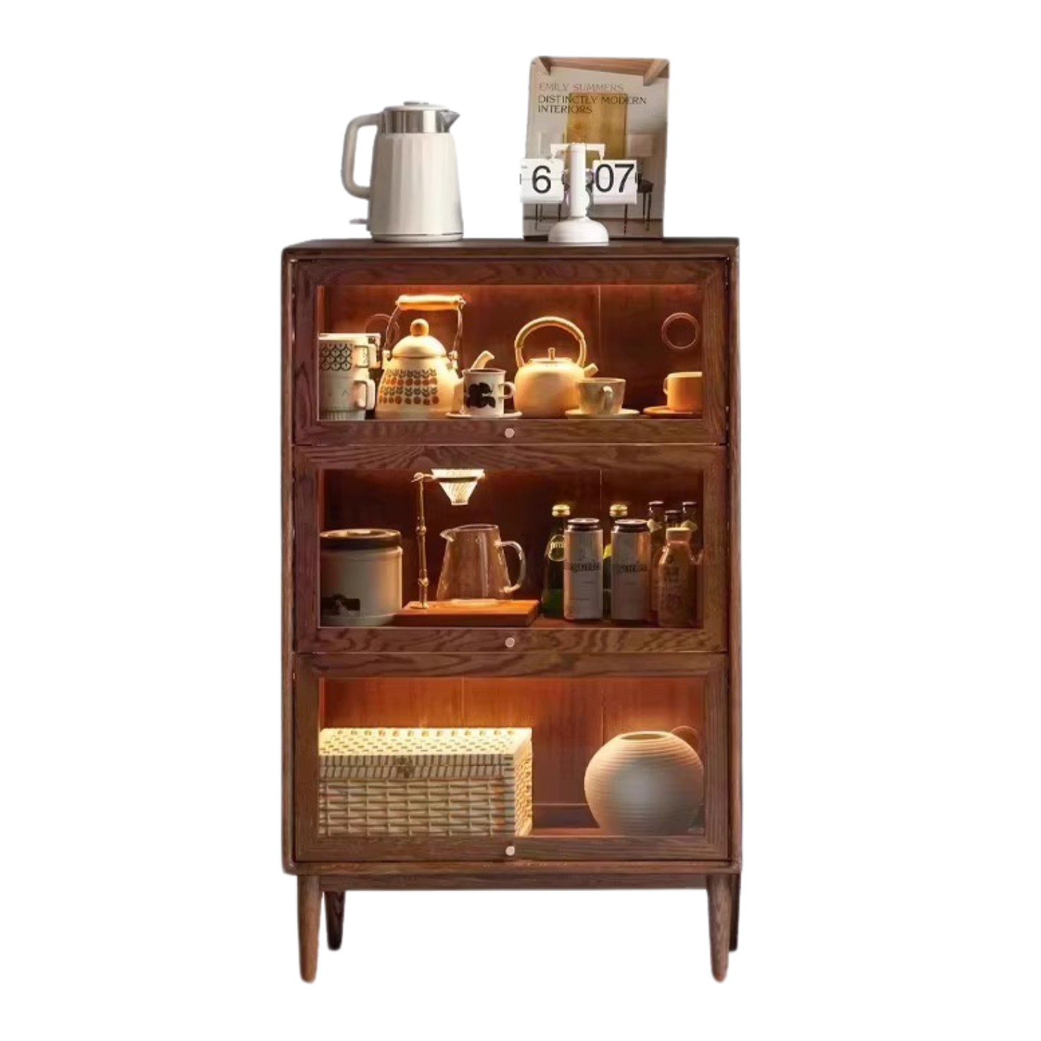 Solid Black Walnut & Oak Wood Glass Flip Door Bookcase - Modern Side Cabinet for Living Room, Office & Bedroom Storage