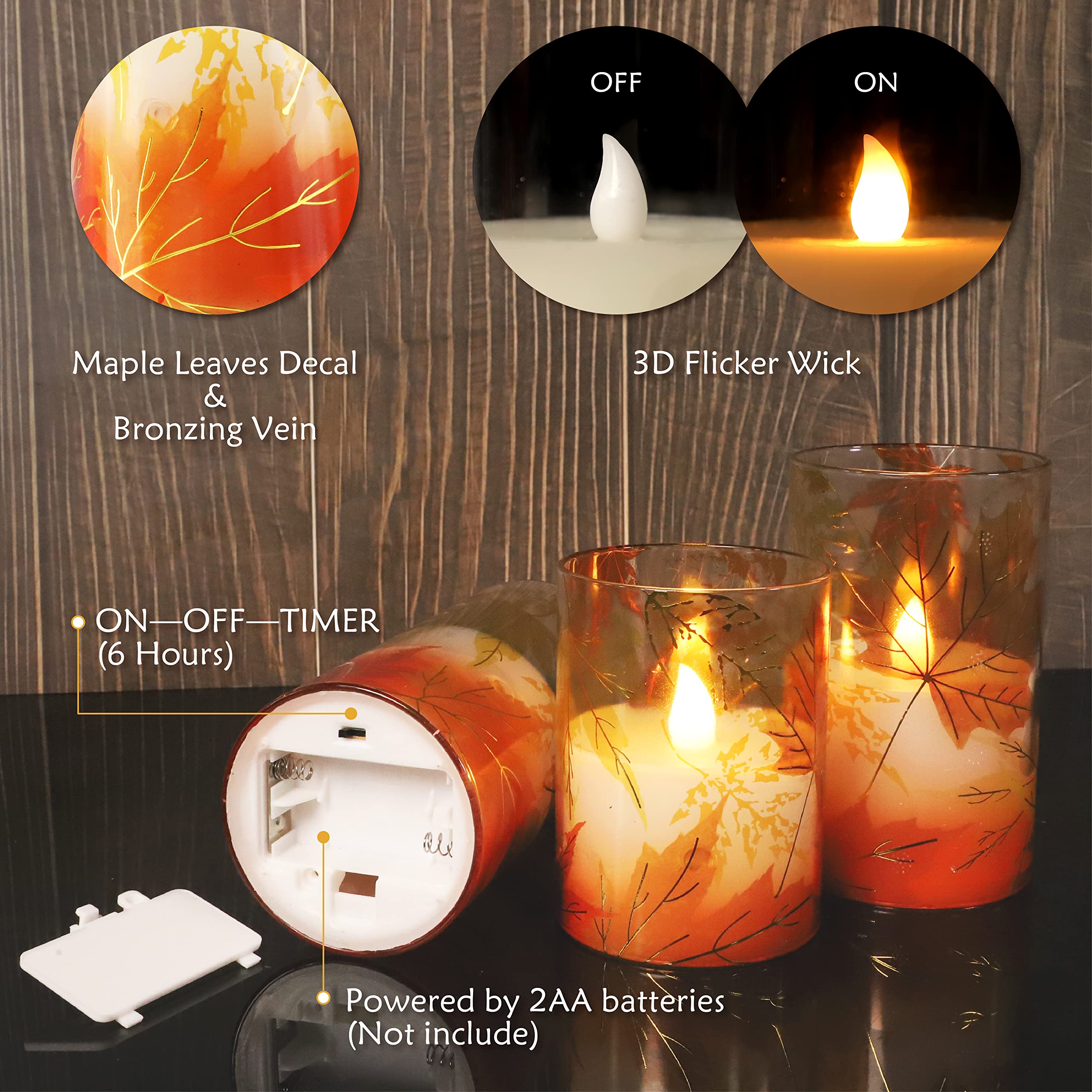 Realistic Flameless LED Candles with Remote & Timer - Battery Operated Thanksgiving Decor, Gold-Red Maple Leaf Wax Candles for Bedroom, Home, Table Centerpiece | Perfect for Holiday Gifts, Romantic Dinners & Cozy Ambiance