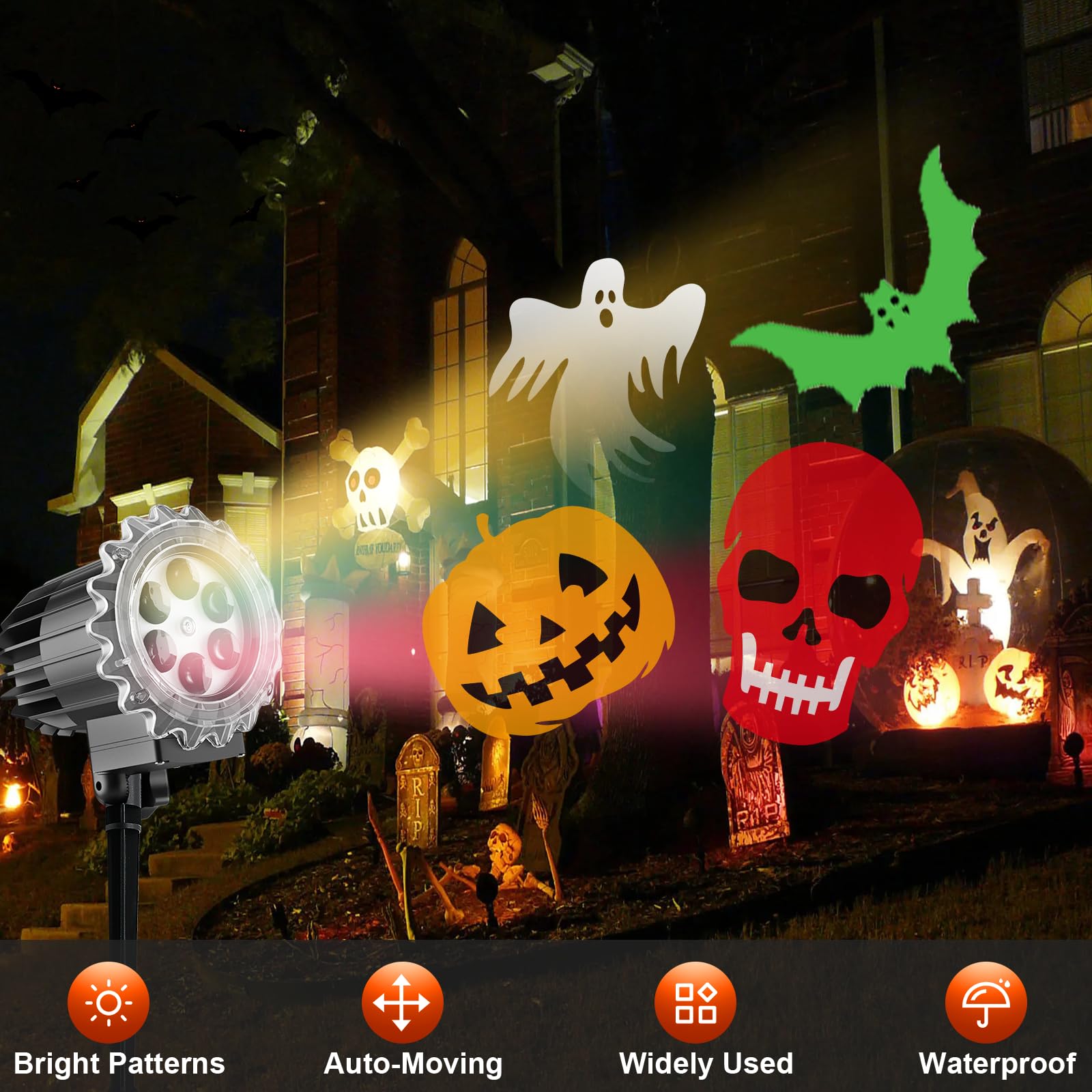 2024 Upgraded Halloween Projector Lights Outdoor - Skeleton Ghost Bats Pumpkin Decor with Brighter LED for House, Window, Garden - Perfect for Halloween Party, Yard Decoration & Spooky Atmosphere