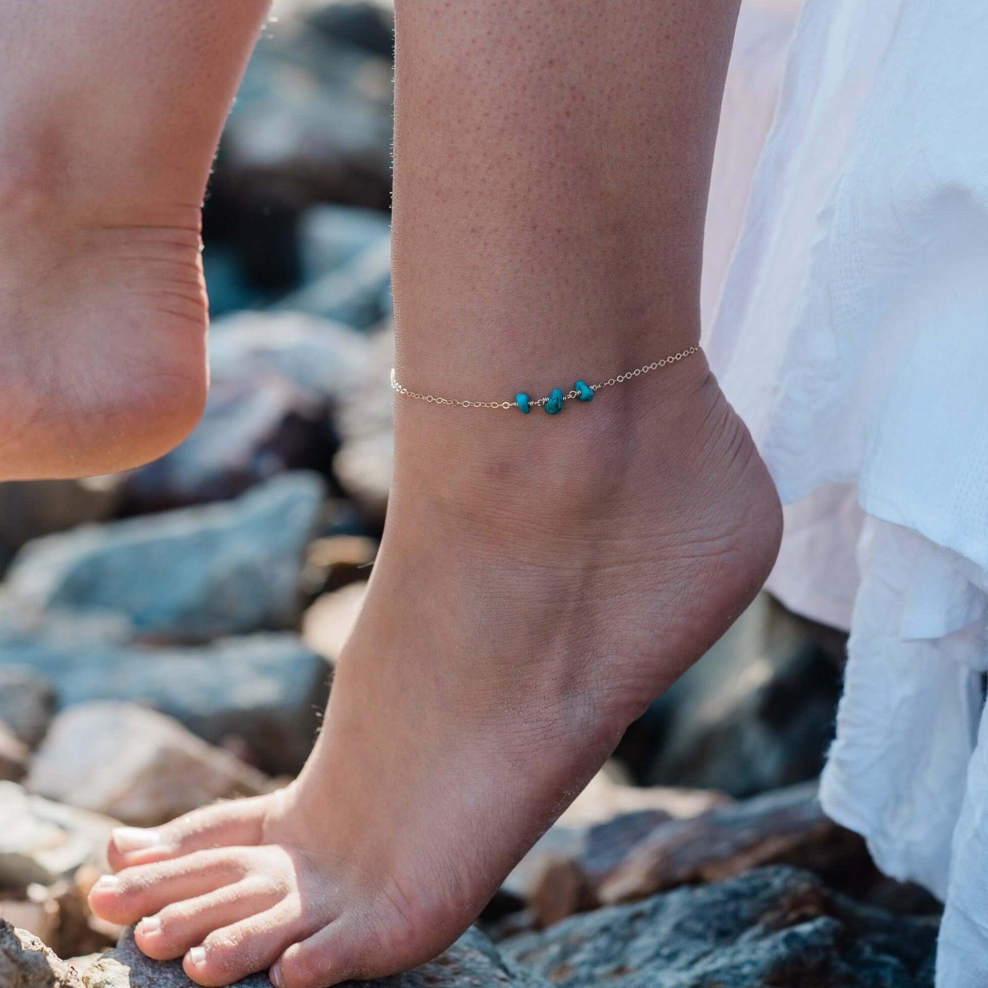 Turquoise Beaded Chain Anklet for Women - Bohemian Style Adjustable Ankle Bracelet - Perfect for Beach, Summer & Festival Outfits