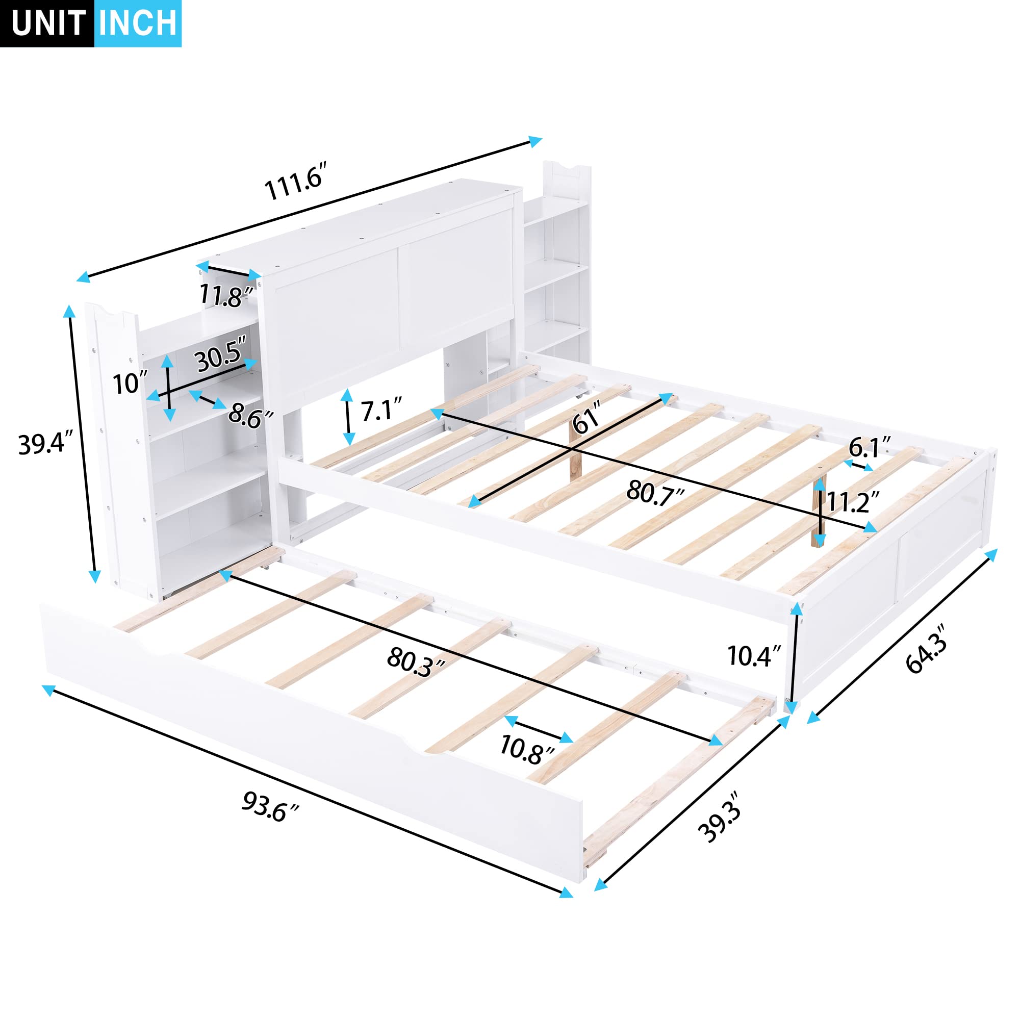 Queen Size Storage Bed with Trundle - Wooden Platform Bed Frame with Storage Shelves Headboard & Twin Trundle - White Wooden Queen Bed for Kids, Boys, Girls, Teens - Perfect for Small Bedrooms, Guest Rooms & Space-Saving Solutions