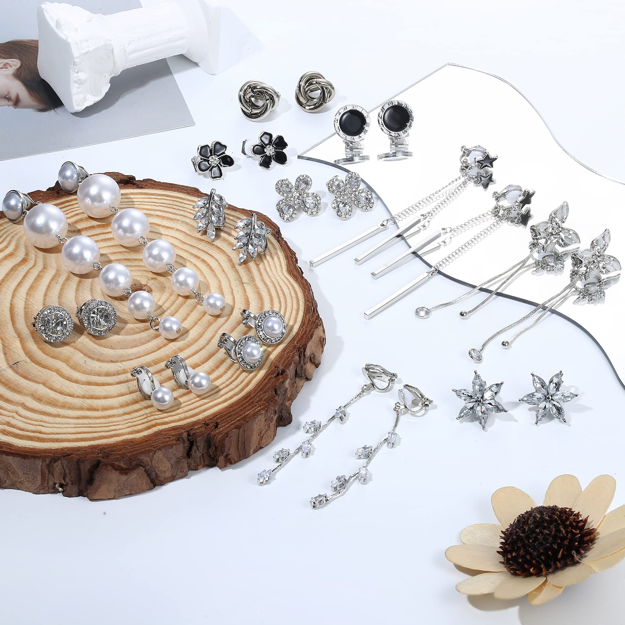 13 Pairs Hypoallergenic Clip On Earrings for Women - Gold & Silver Non-Pierced Stud & Dangle Earrings Set with Rhinestones, Simulated Pearls, Butterfly & Flower Designs | Perfect for Weddings, Parties & Everyday Wear