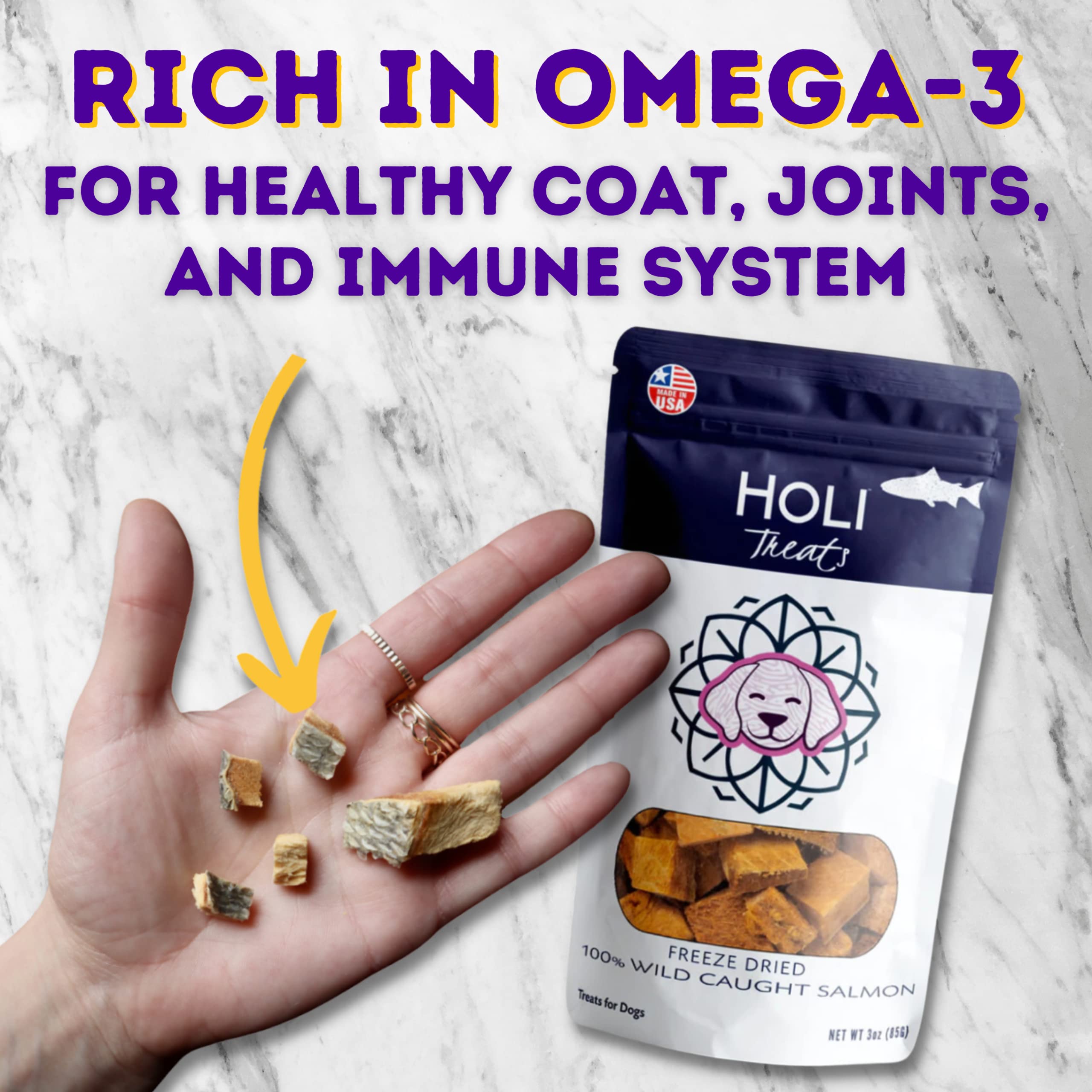 Premium Freeze Dried Salmon Dog Treats with Omega 3 & 6 Fish Oil | All Natural, Human-Grade, Wild Caught Skin-On Salmon | Grain Free, Diabetic Friendly | Made in USA | Perfect for Training Rewards & Senior Dogs