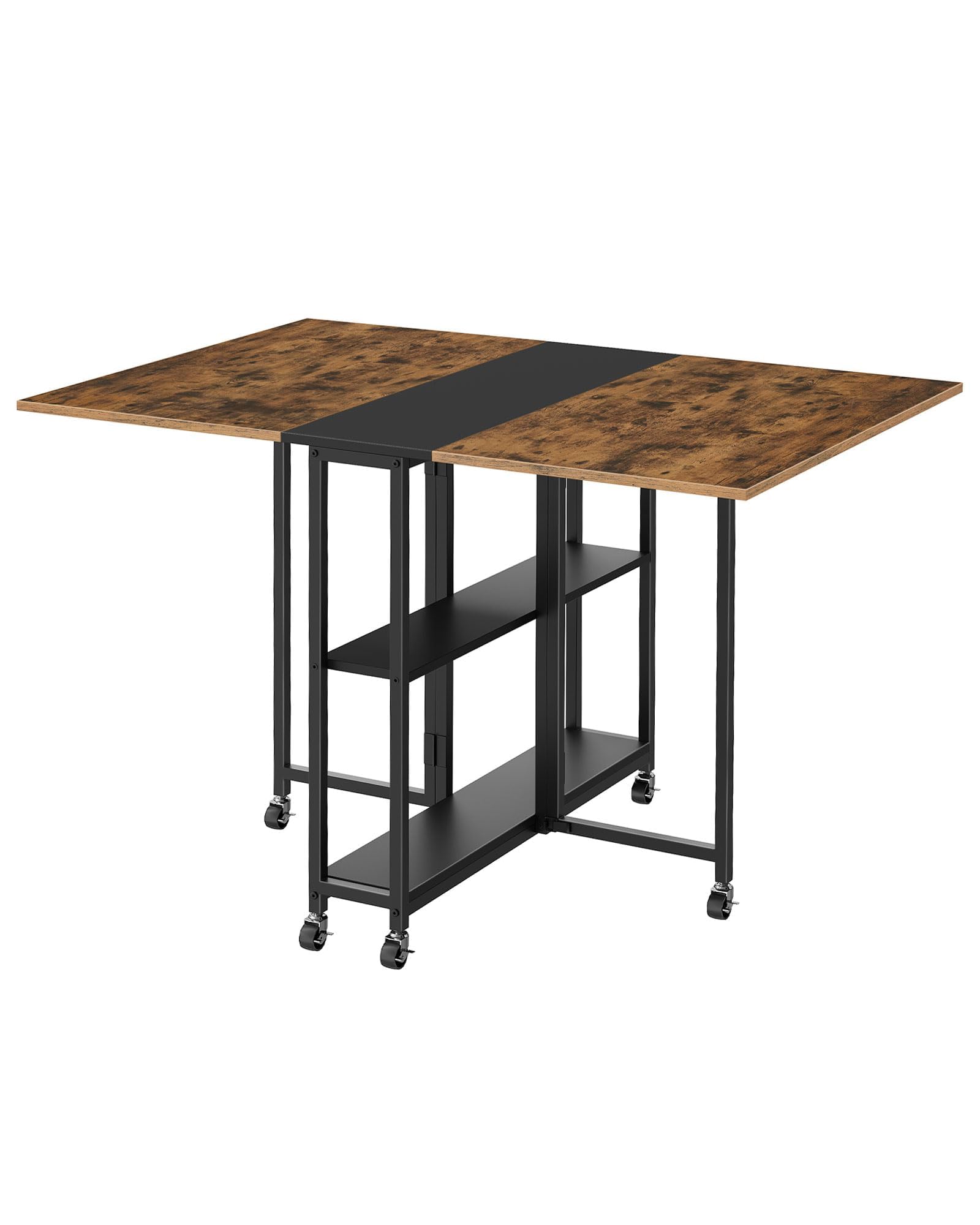Foldable Extendable Dining Table with Wheels - 2-Tier Shelf Rustic Brown Kitchen Table for Small Spaces, Apartments, Living Room & Dining Room | Perfect for Compact Homes, Entertaining Guests & Multi-Purpose Use