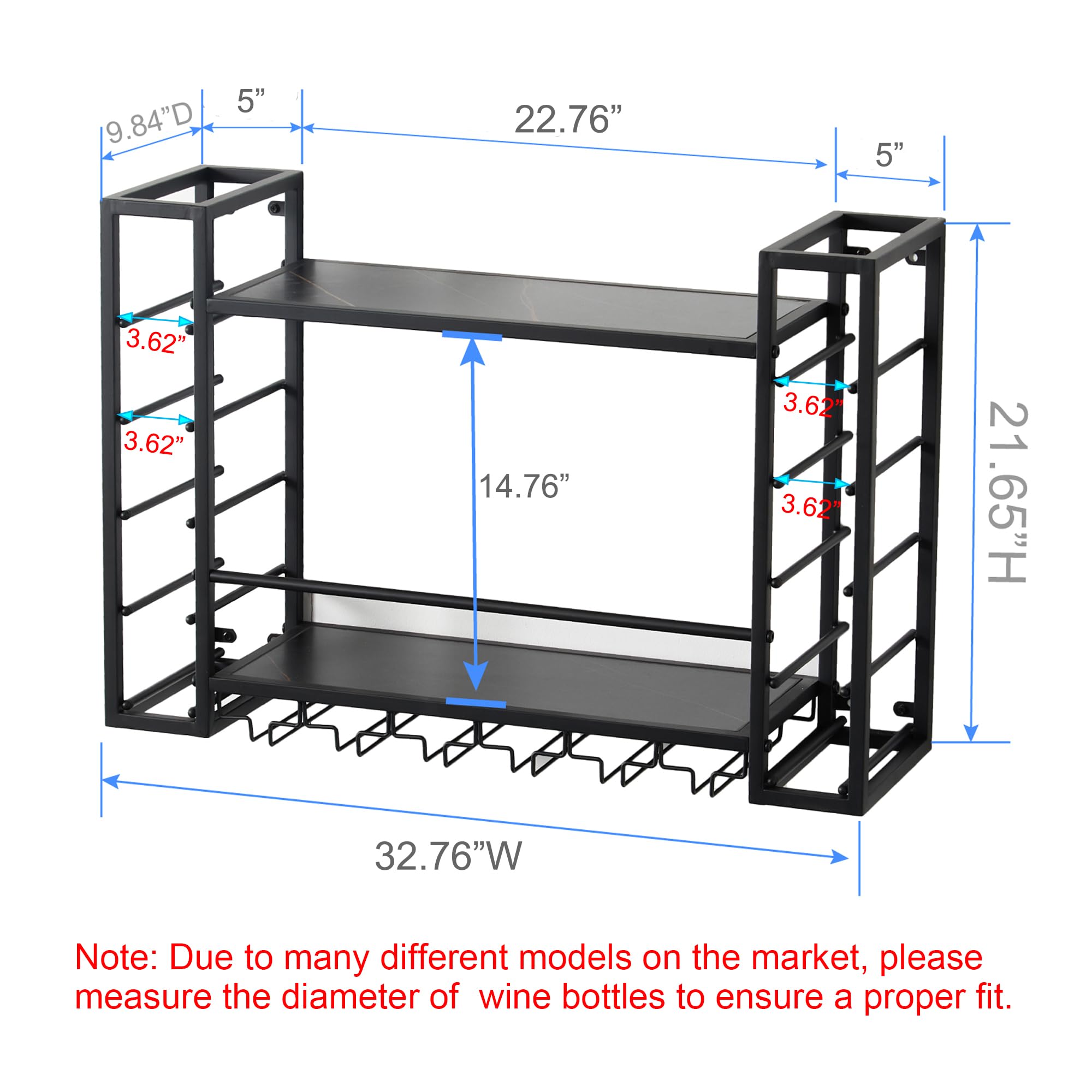 31.5 Inch Black Metal Wall Mounted Wine Rack with Glass Holder - Space Saving Wine Bottle Storage Display for Home Bar, Dining Room, Kitchen - Perfect for Entertaining Guests & Organizing Your Wine Collection