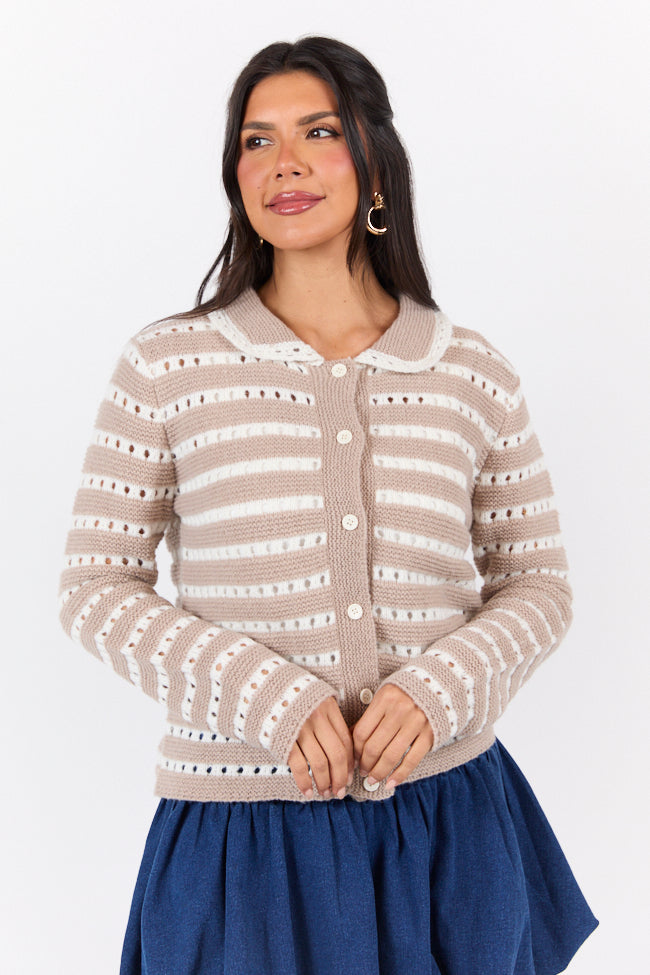 Cozy Taupe Striped Open Knit Cardigan with Collar - Women's Lightweight Sweater for Fall & Winter | Perfect for Office, Date Night and Casual Outfits