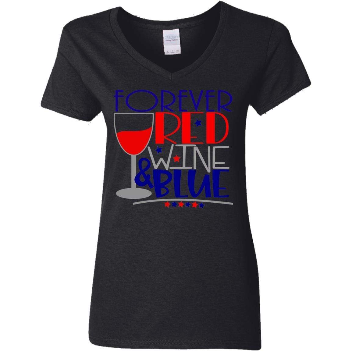WineyBitches.Co Forever Red Wine & Blue Ladies' 5.3 oz V-Neck T-Shirt | Comfortable Casual Tee for Women | Perfect for Wine Tasting, Girls Night Out & Patriotic Events