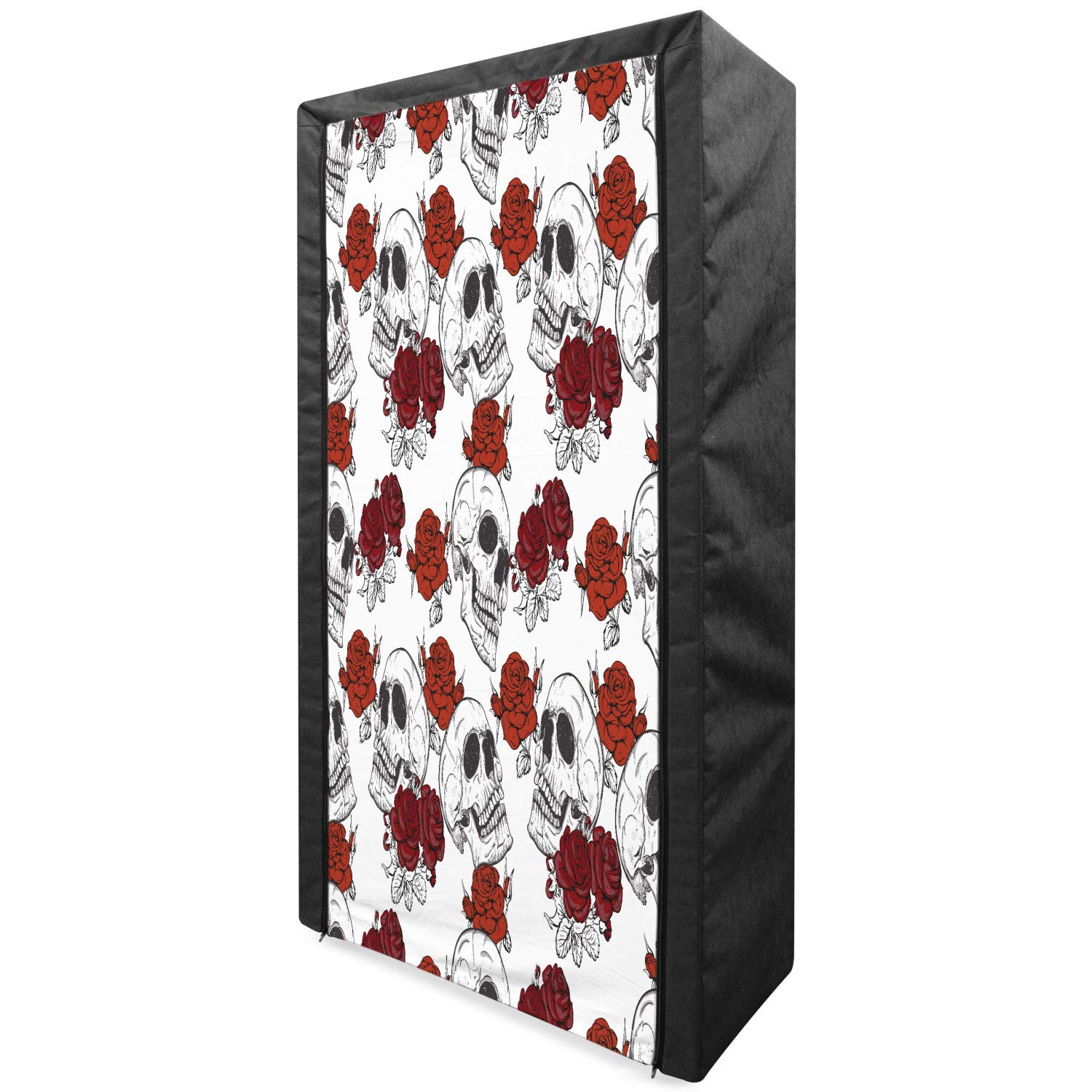 Ambesonne Gothic Skull Portable Fabric Wardrobe - Halloween Themed Clothing Organizer with Shelves | 33.5 Inch Grey Storage Closet for Bedroom, Dorm & Apartment | Retro Skeleton with Roses Design for Spooky & Romantic Decor