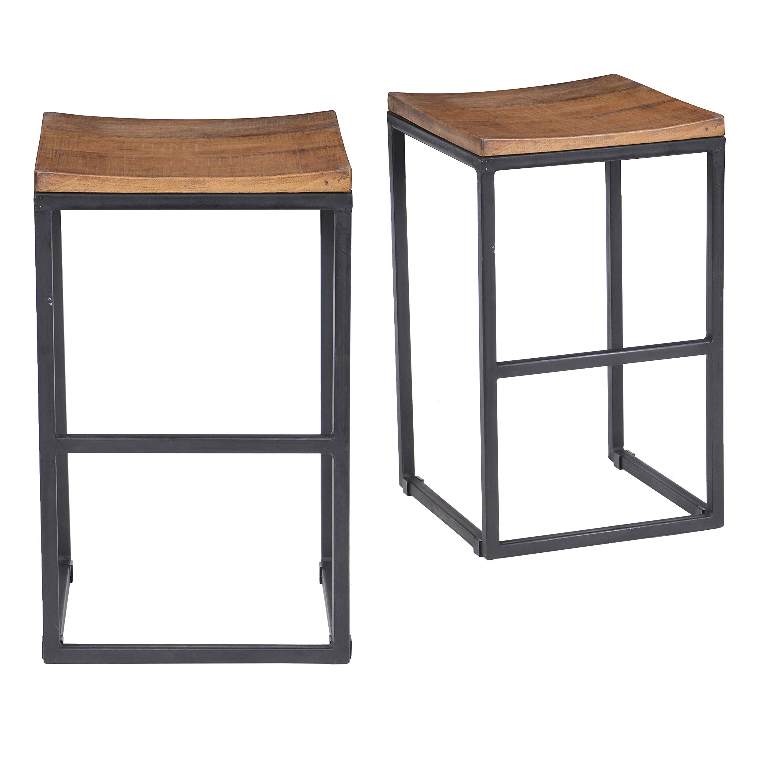 Benjara Mango Wood Counter Height Stool with Curved Seat & Iron Open Base - Black & Brown Bar Stool for Kitchen Island, Breakfast Nook & Dining Room