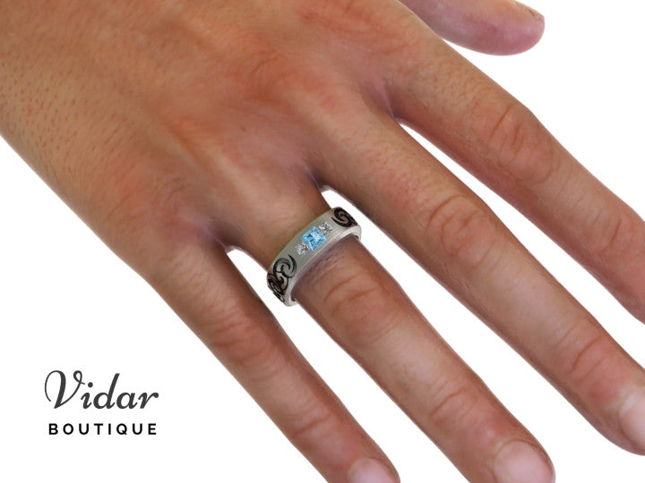 Handcrafted Tribal Men's Aquamarine Wedding Band - Sterling Silver or Tungsten Carbide - Perfect for Engagement, Anniversary & Special Occasions