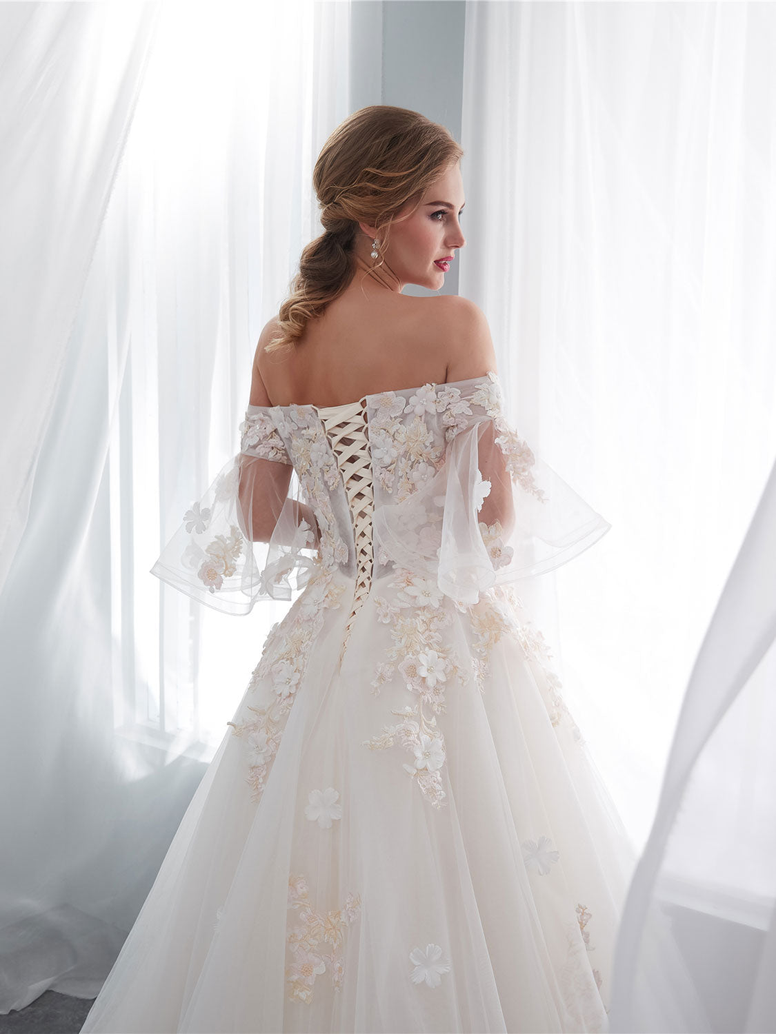 Ivory Long Lace Wedding Dress with Tulle Skirt - Elegant A-Line Bridal Gown for Church, Beach, and Outdoor Ceremonies