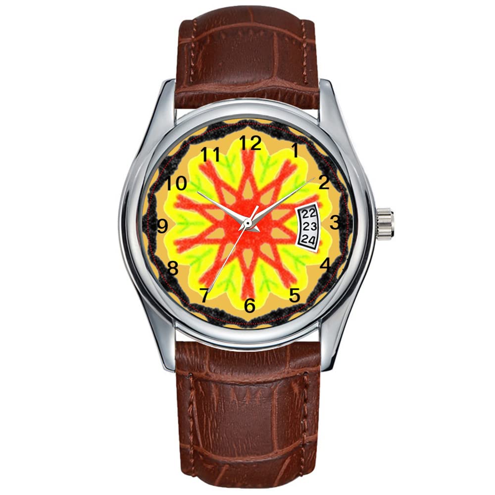 Luxury Men's Brown Leather Quartz Wrist Watch - Waterproof Sports Chronograph with Cool Abstract Pattern - Perfect for Christmas Gifts, Business Meetings & Outdoor Adventures