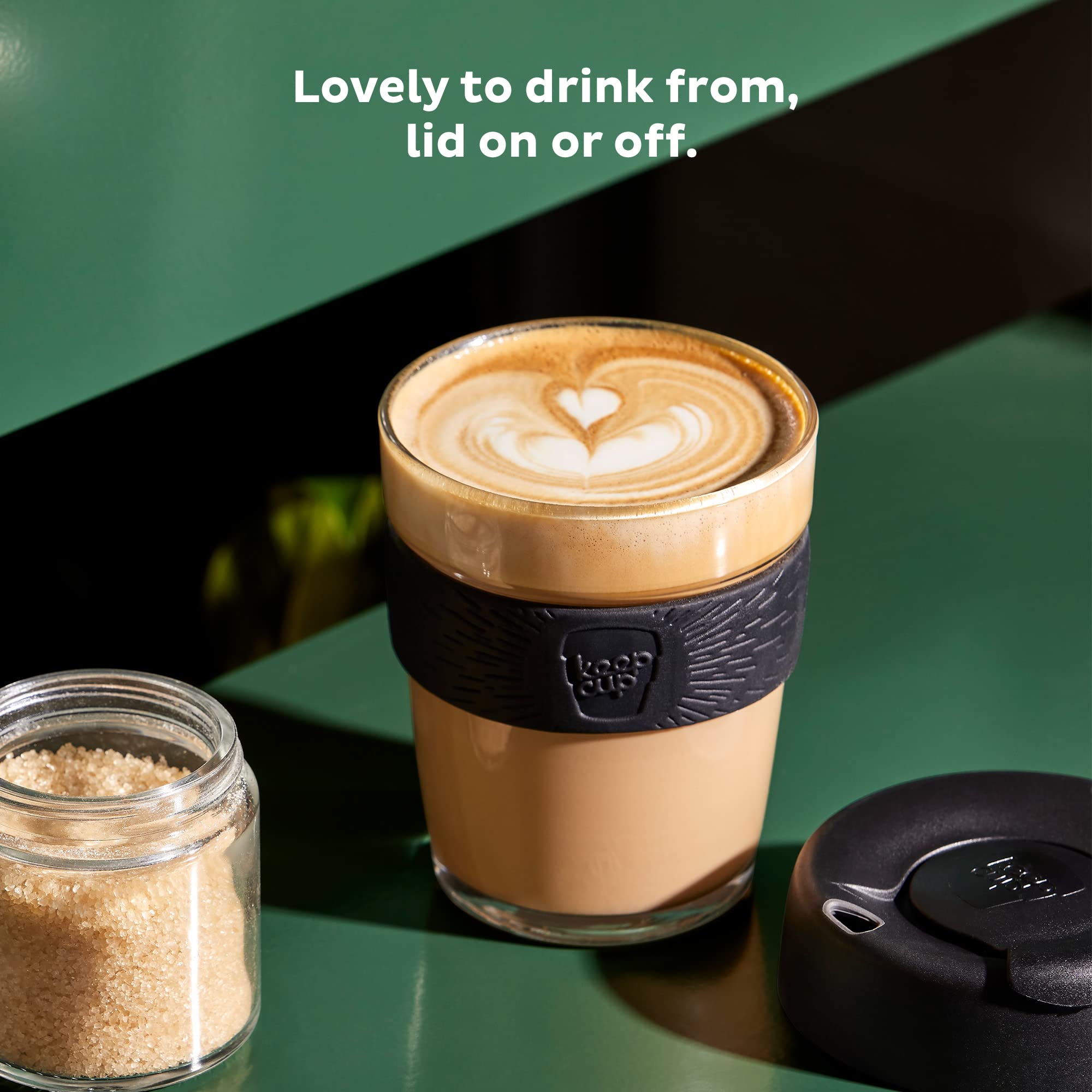 KeepCup 12oz Reusable Coffee Cup - Eco-Friendly Travel Mug with Toughened Glass & Non-Slip Silicone Band, 12-Ounce Medium Size, Perfect for Hot/Cold Drinks, Ideal for Office, Commuting & Outdoor Activities
