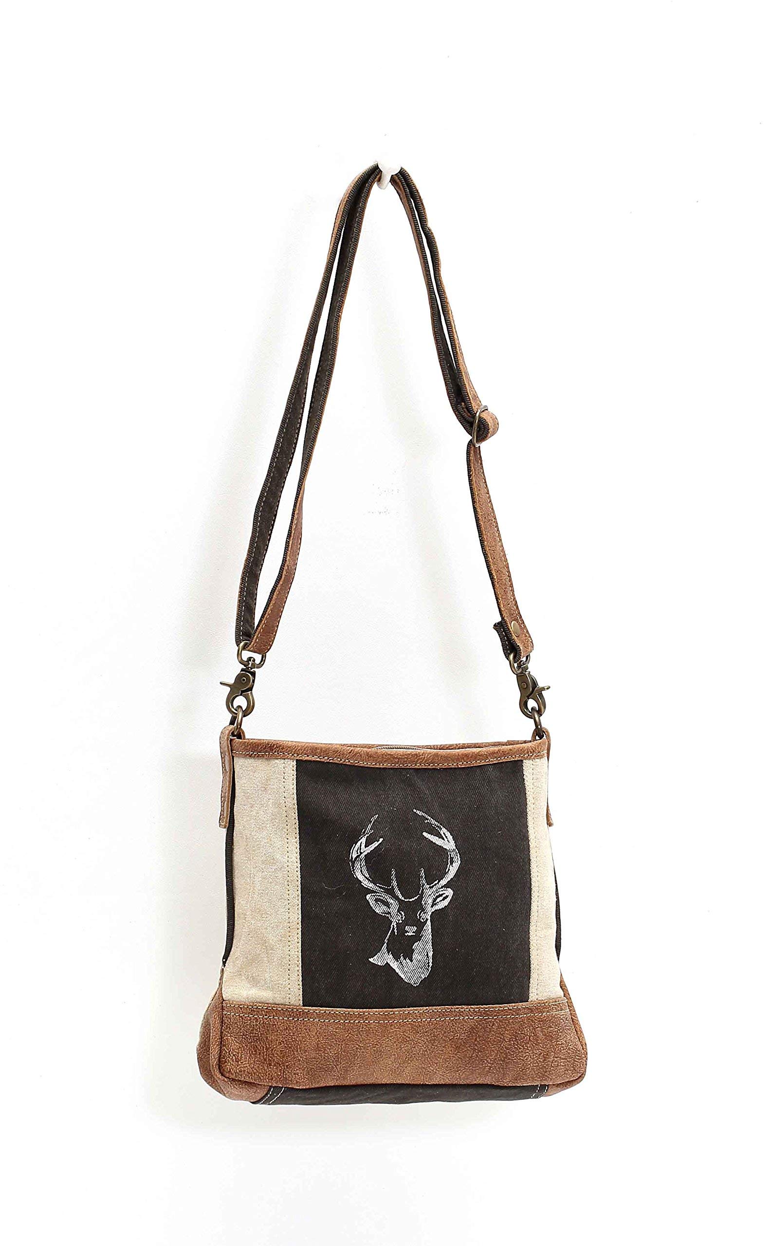 Myra Bags Reindeer Upcycled Canvas Crossbody Bag - Eco-Friendly Handmade Purse for Women (Tan/Khaki/Brown, One Size) - Perfect for Christmas Gifts, Holiday Parties & Casual Outings