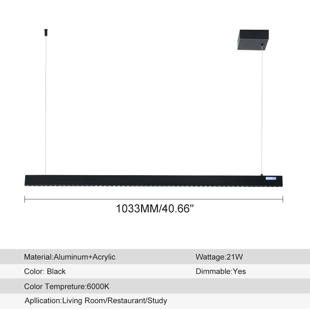 Modern LED Linear Chandelier Pendant Light - 21W 1980lm 6000K Black - Contemporary Lighting for Living Room, Office, Dining Room, Kitchen Island & Billiard Room - Perfect for Home & Commercial Spaces