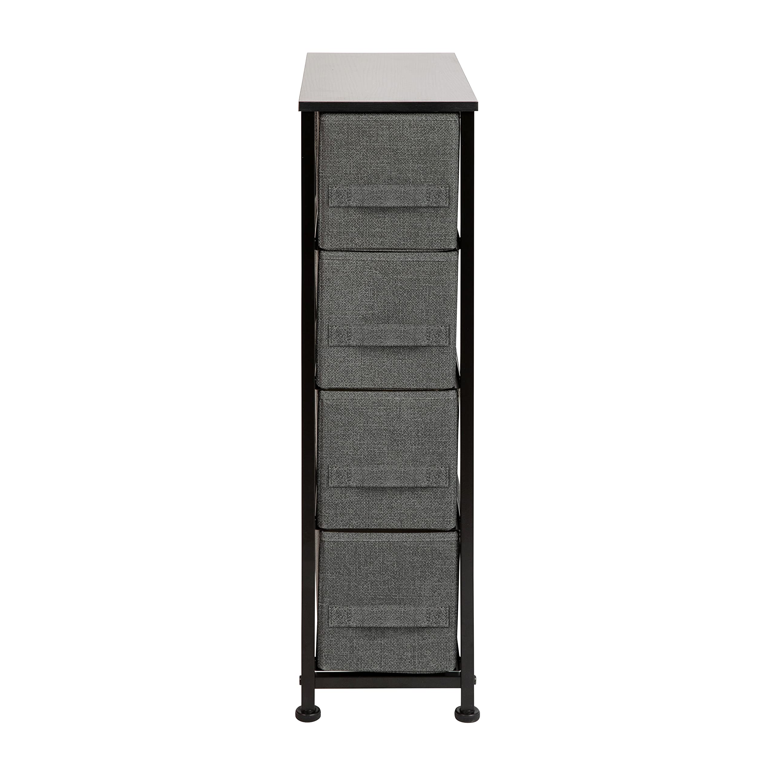 Emma & Oliver 4-Drawer Slim Dresser Storage Tower - Black Wood Top & Gray Fabric Drawers for Bedroom, Closet, or Nursery Organization