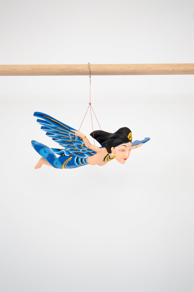 Blue Dewi Sri Goddess Flying Angel Hand Painted Statue - Hindu Balinese Home Decor for Altar, Yoga Studio & Spiritual Spaces