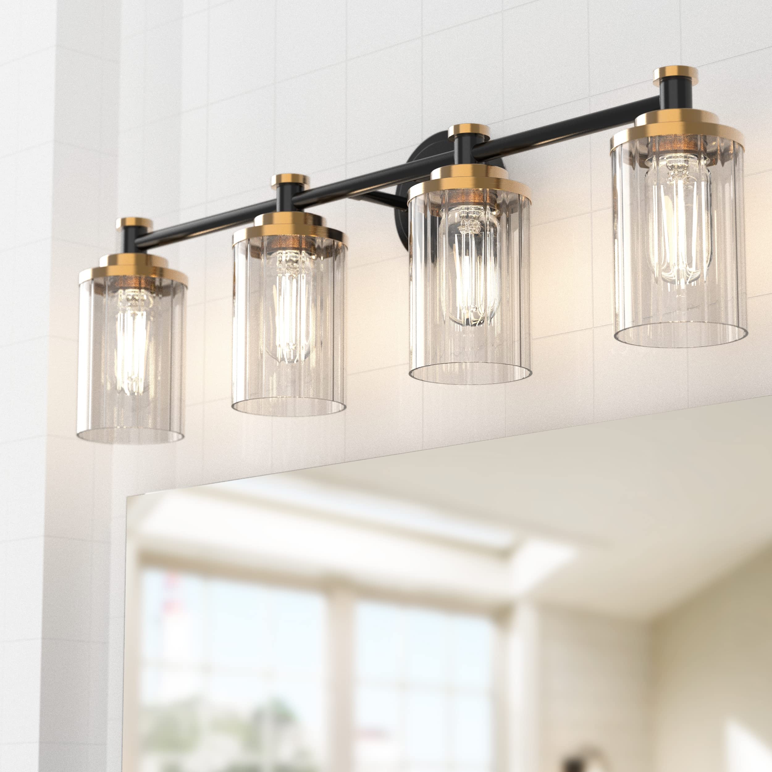Black and Gold Bathroom Vanity Light Fixture - 4-Light Cylindrical Clear Striped Glass Lampshade with E26 Socket Base - Modern Over Mirror Lighting for Bathroom, Powder Room & Dressing Area
