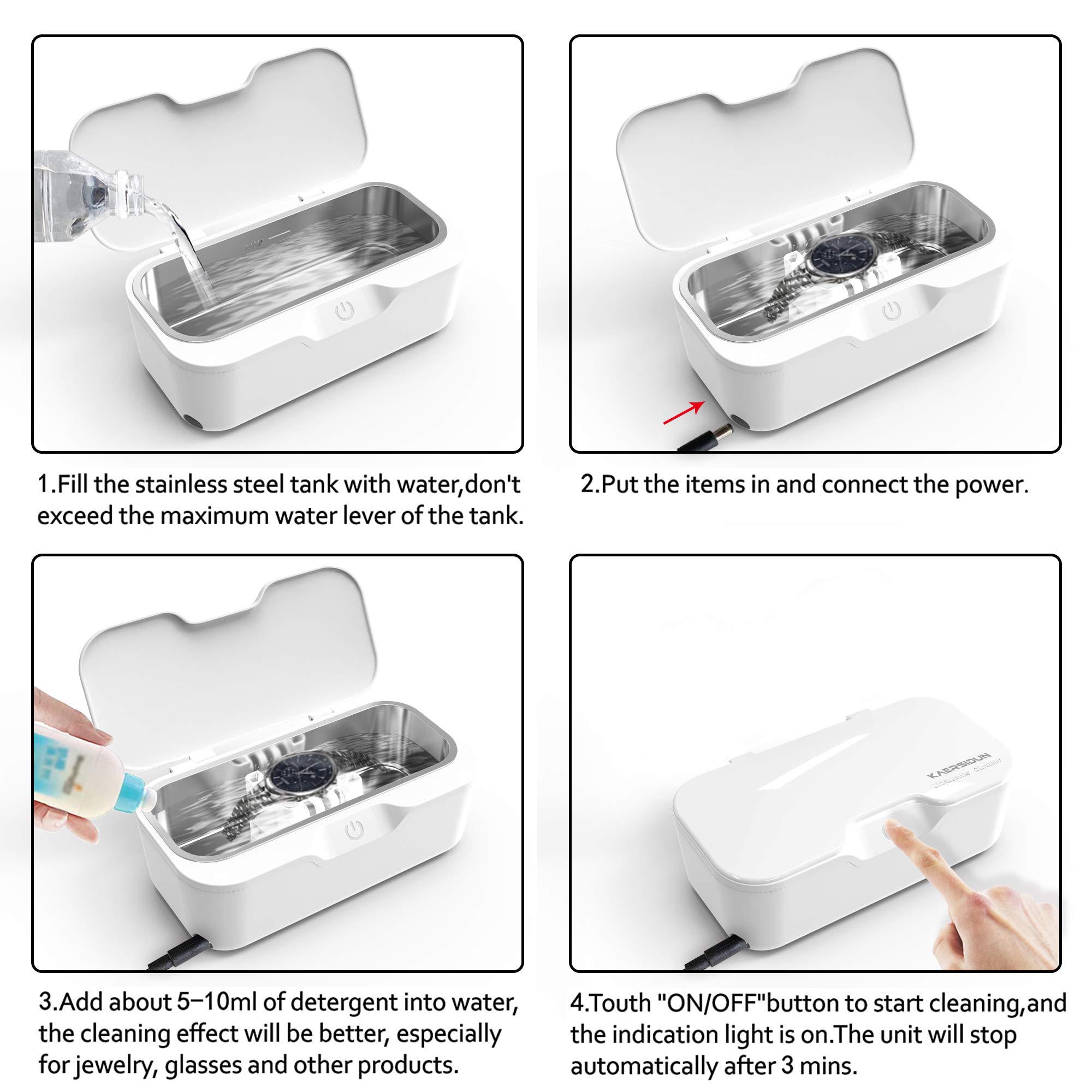 Ultrasonic Jewelry Cleaner 550ml with Stainless Steel Tank - 48KHz 25W Portable Ultrasonic Cleaner for Rings, Eyeglasses, Watches, Dentures, Makeup Brushes & Razors | Perfect for Home, Travel & Professional Use