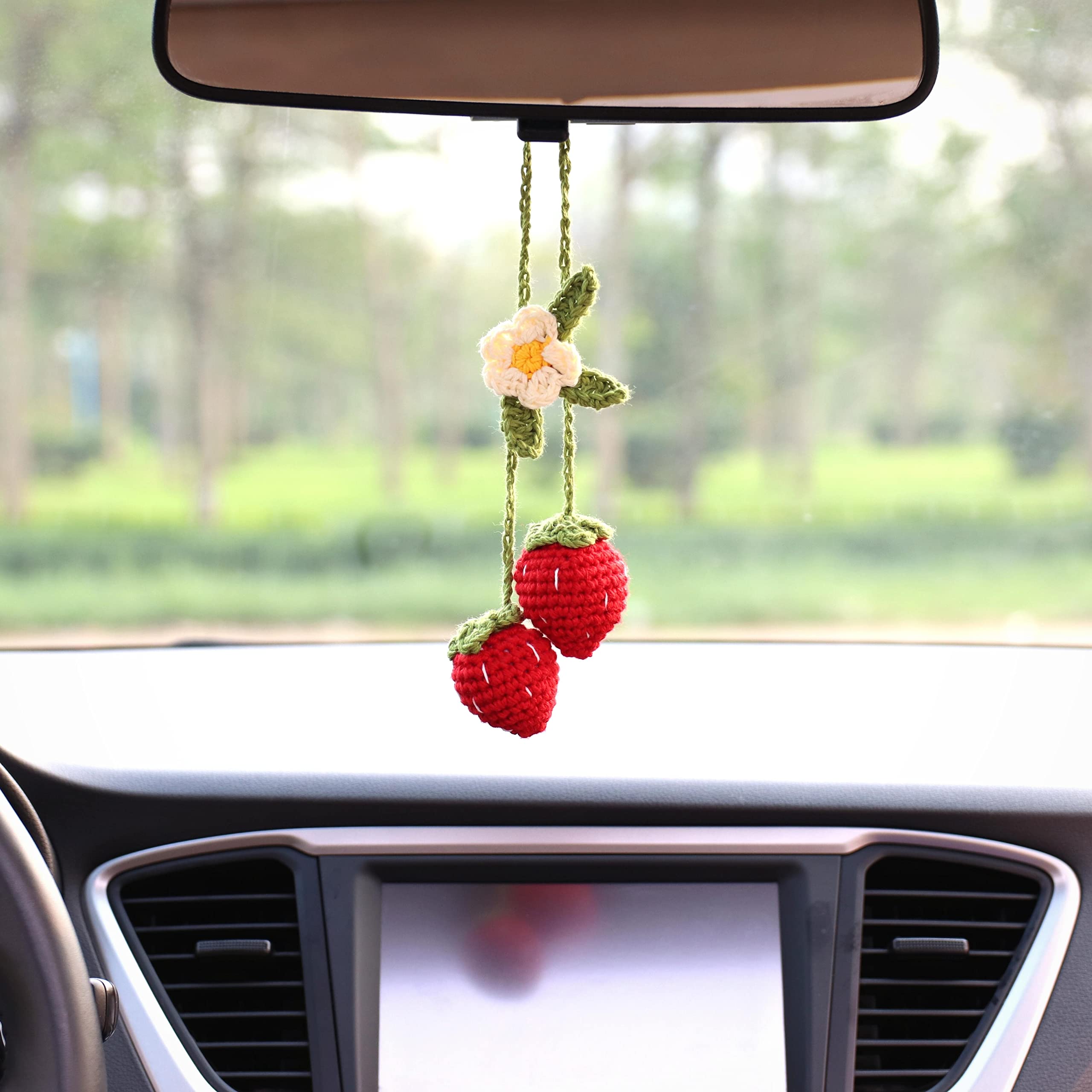 Handmade Bunny Crochet Strawberry Car Hanging Ornament - Adjustable Rear View Mirror Charm, Cute Bag Accessory & Keychain Decor for Car, Purse, Backpack (Perfect Gift for Easter, Spring)