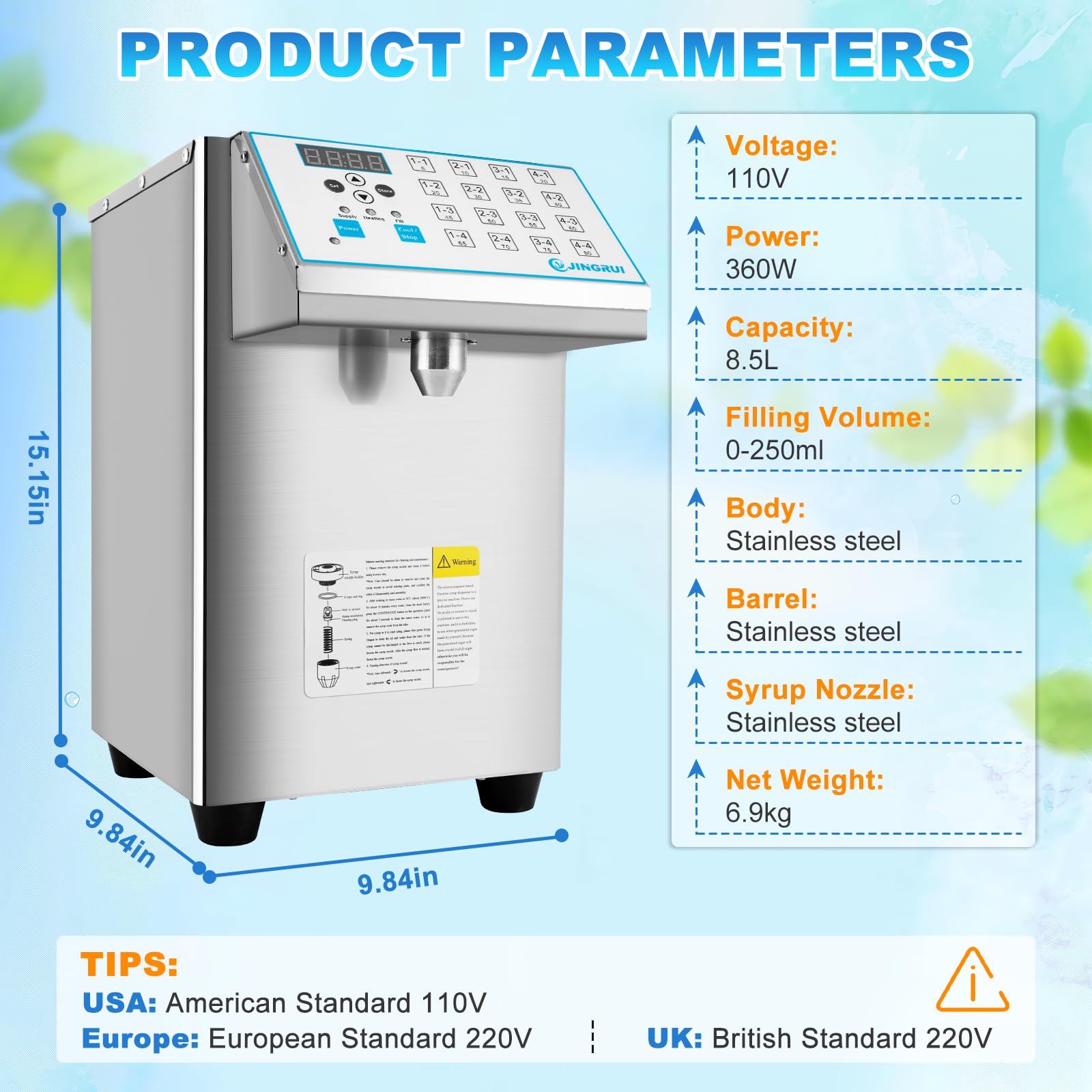 YJINGRUI 8.5L Commercial Fructose Dispenser - Brushed Stainless Steel Syrup Machine with 16 Groups (110V) - Perfect for Coffee Shops, Bubble Tea Stores & Dessert Bars