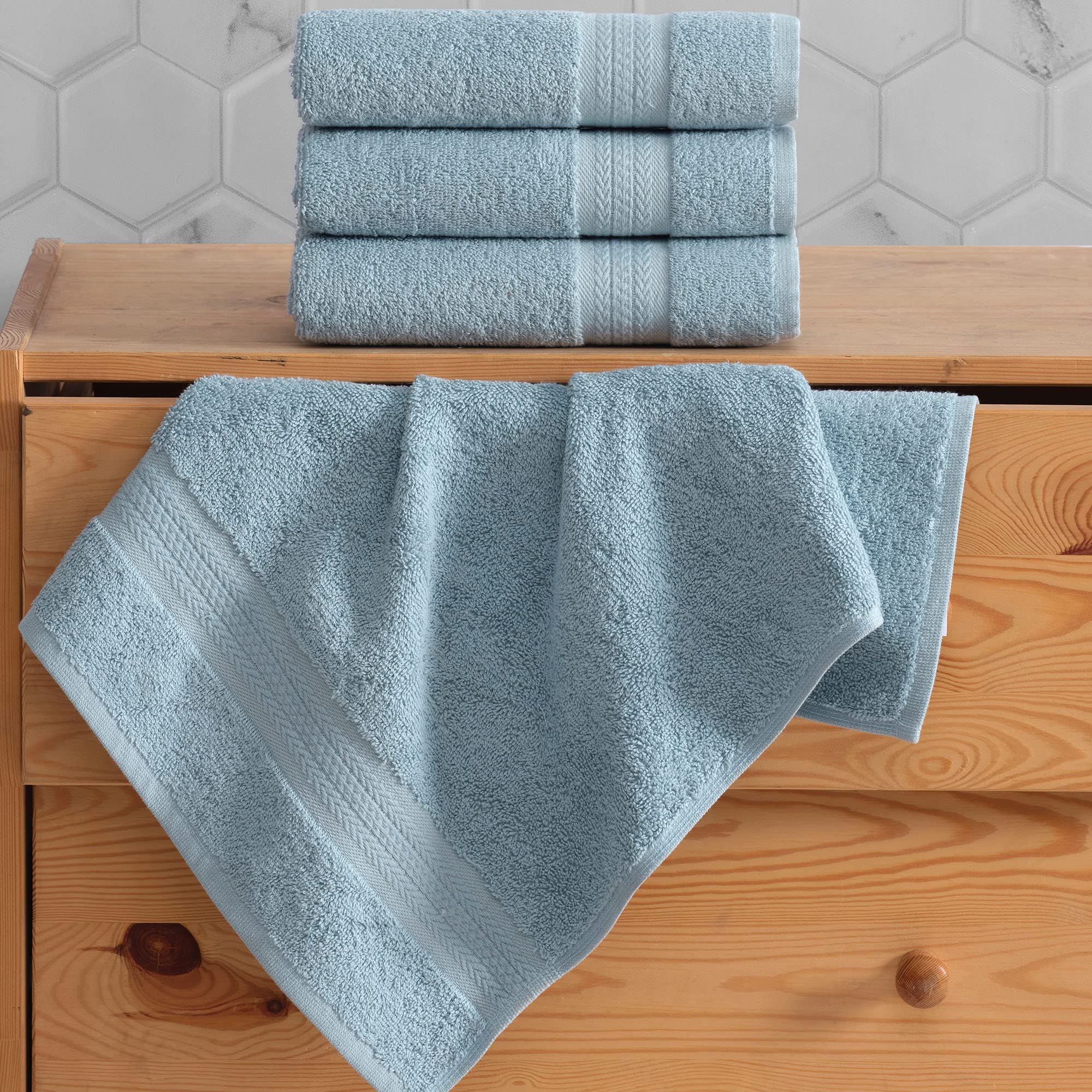 REGAL RUBY Quick-Dry 4-Piece Blue Hand Towel Set - 100% Premium Turkish Cotton Bath Linen - Super Absorbent & Soft for Bathroom, Pool, Gym, Travel, Camping, College Dorm - Ideal for Guests, Shower & Spa Use