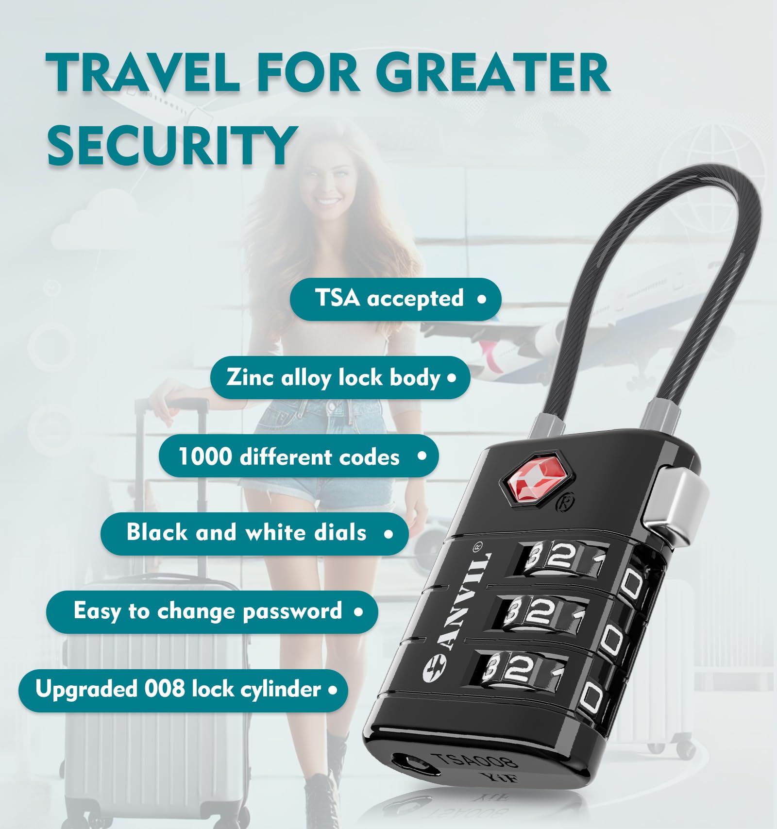 ANVIL TSA Approved Luggage Locks with Advanced TSA008 Core & Alert Indicator - Secure Travel Locks for Suitcases, Backpacks & Carry-On Bags (2-Pack, Black) | Perfect for Airports, Hotels & Daily Commute