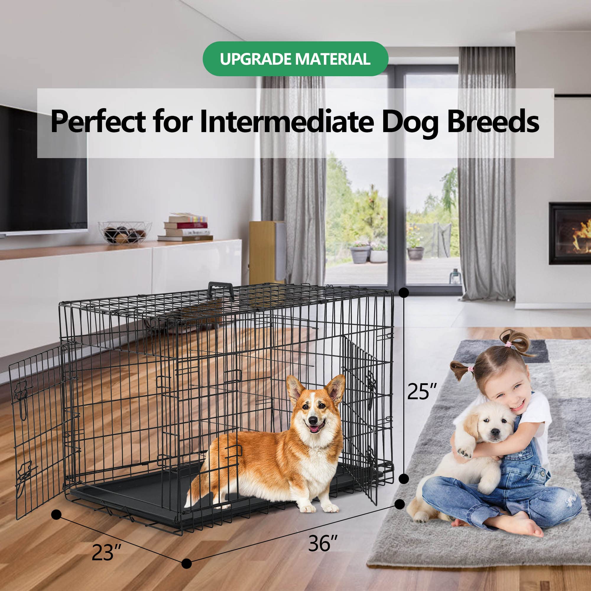 36'' Foldable Metal Wire Dog Crate with Double Door & Double Lock - Portable Collapsible Dog Cage with Leak-Proof Pan, Divider & Handle - Indoor Kennel for Medium Dogs - Perfect for Home, Travel & Training Use