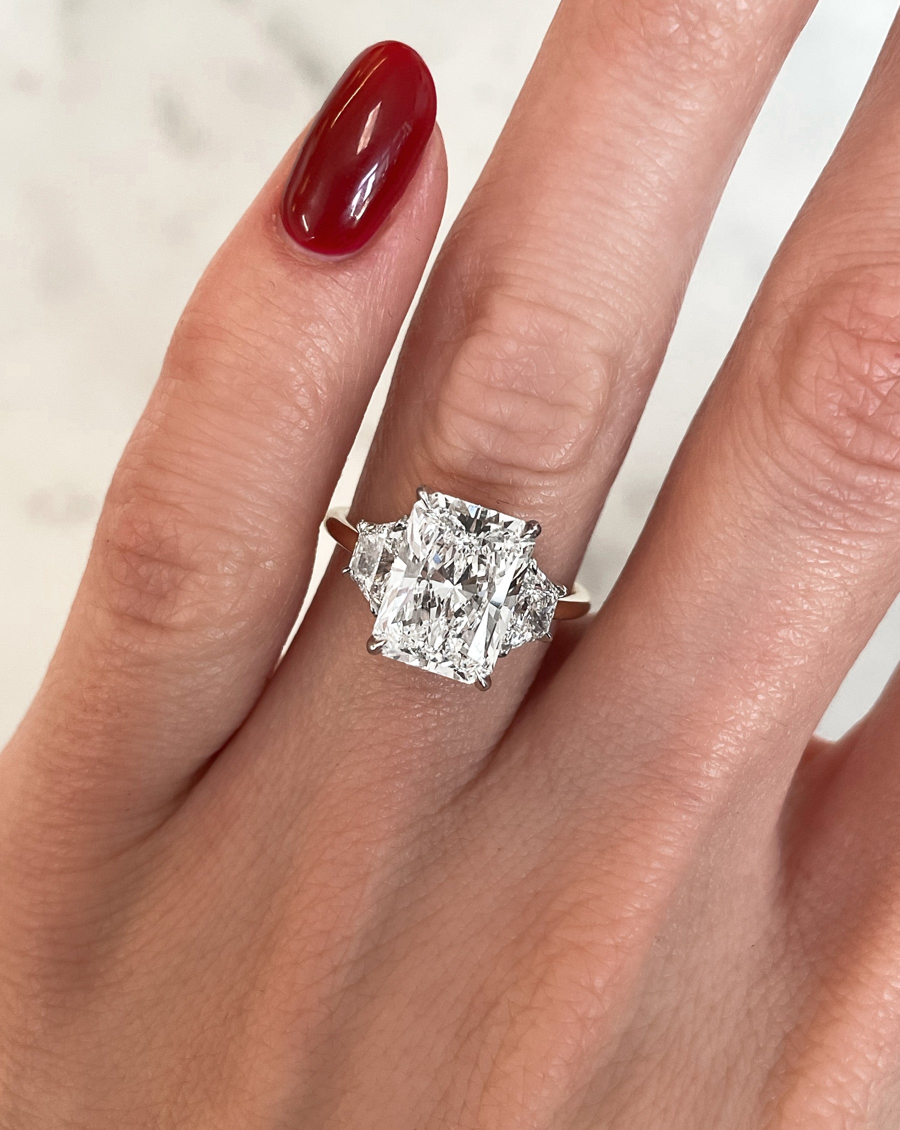 3.64 Carat Lab Grown Diamond Radiant Cut Whisper Thin® Three Stone Engagement Ring with Trapezoid Side Stones - Perfect for Proposals, Anniversaries & Special Occasions