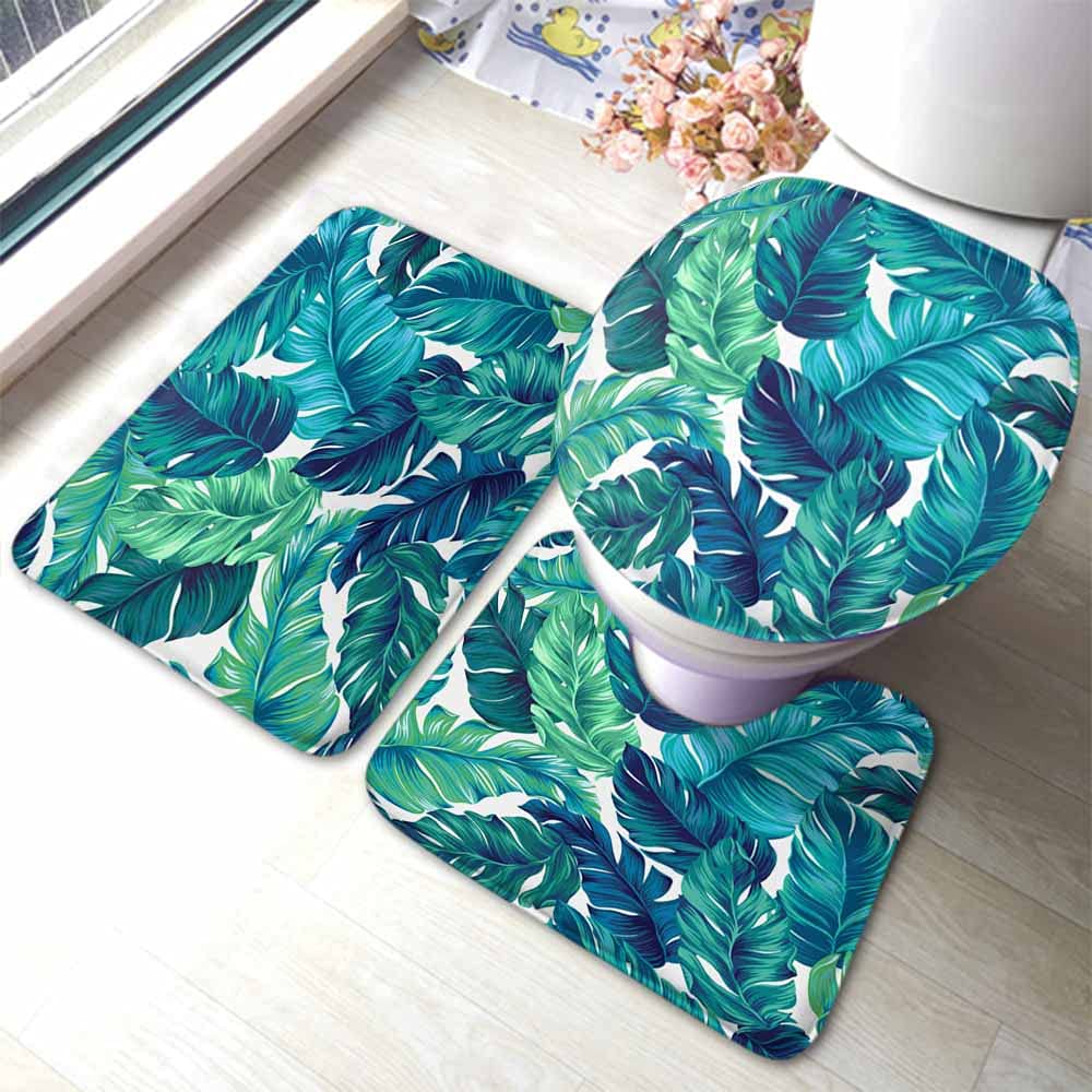 AOYEGO Tropical Leaves Bathroom Rugs Set of 3 - Non-Slip Green Palm Leaf Design, 31.5