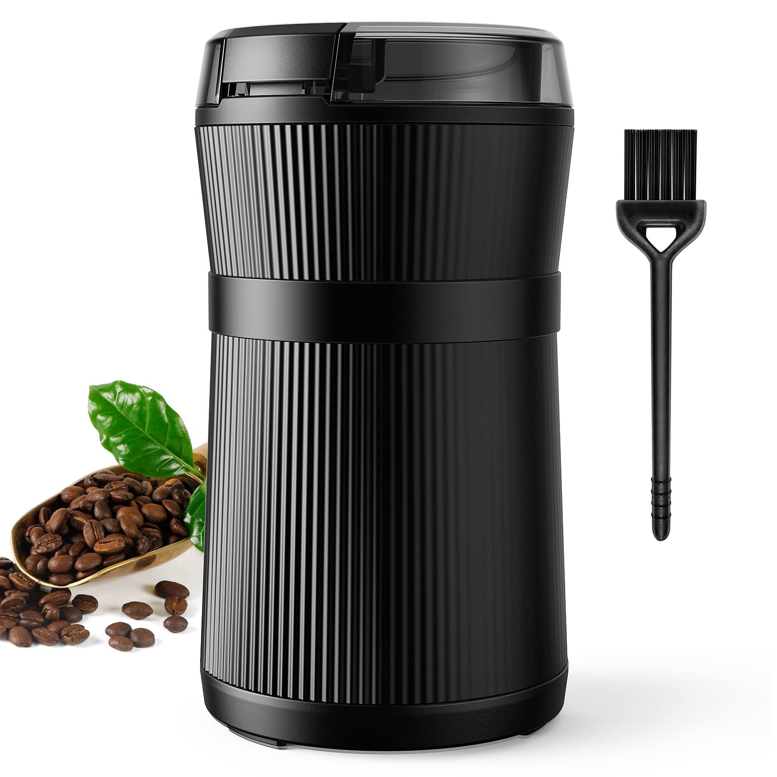 Electric Spice & Coffee Grinder - 200W One-Touch Quiet Grinder for Coffee Beans, Spices, Seeds & Herbs - Stainless Steel Blades & Cup for Efficient Grinding - Perfect for Kitchen, Camping & Coffee Shops (Black)
