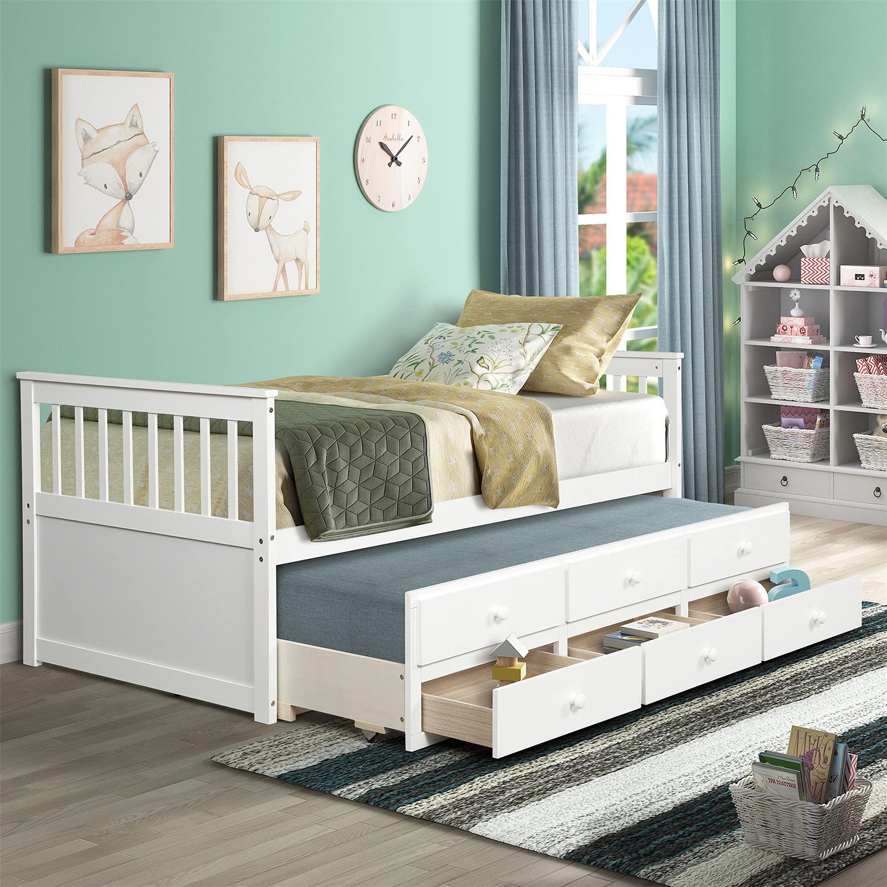 White Wood Captain's Daybed with Trundle & Storage - Space-Saving Sofa Bed for Guest Rooms