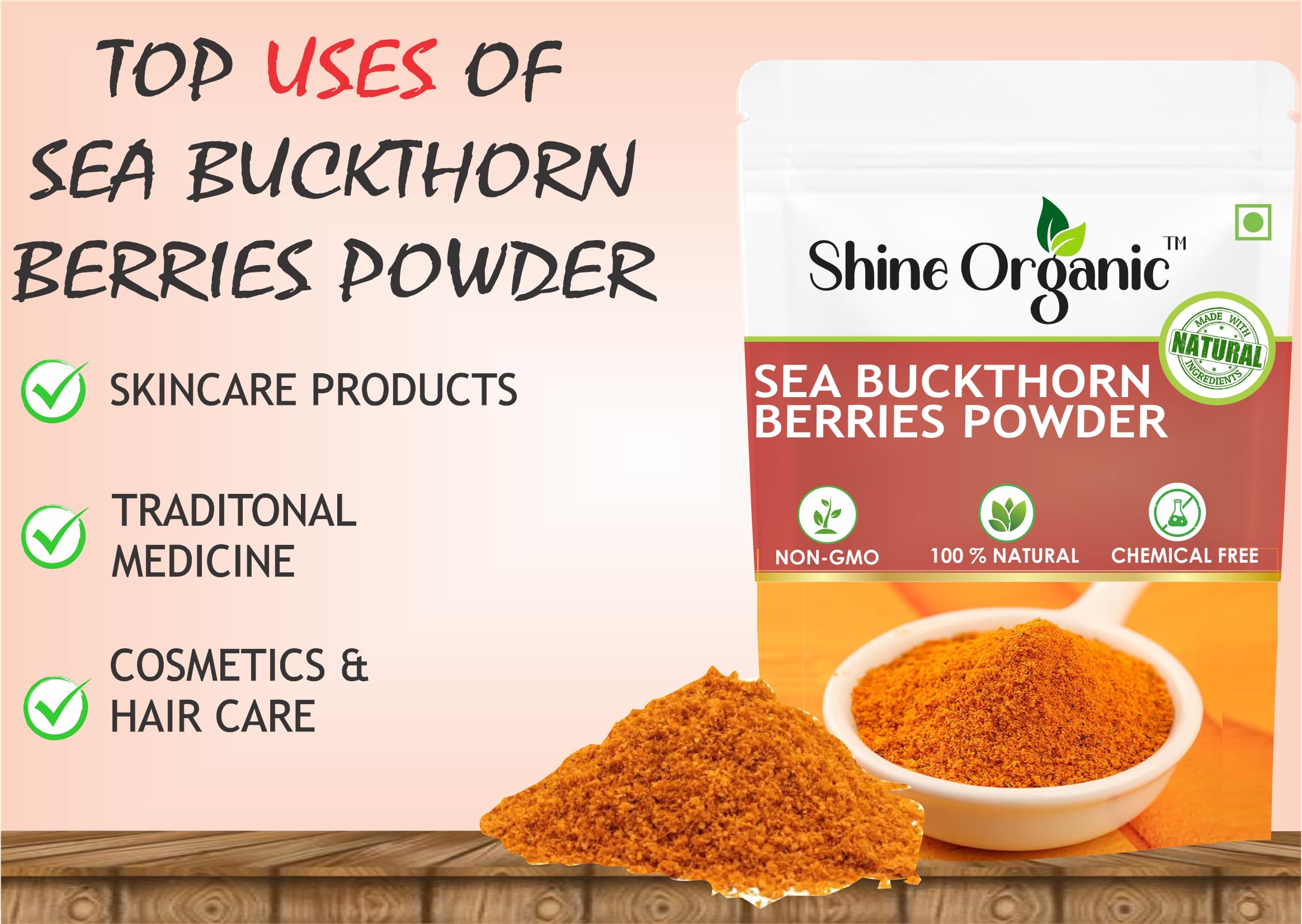 Organic Sea Buckthorn Powder - Pure & Dry | Rich in Fiber, Omega Fatty Acids & Vitamin C (65g) | Superfood for Smoothies, Baking & Immune Support