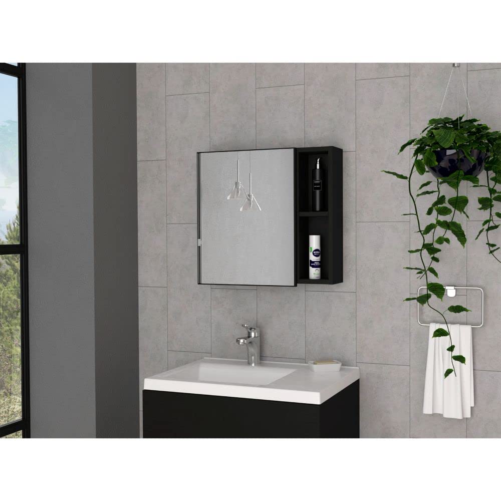 Queets Black Medicine Cabinet with Mirror - Single Door, 2 Open Shelves & 3 Inner Storage Shelves - Perfect for Bathroom, Bedroom, or Entryway Organization
