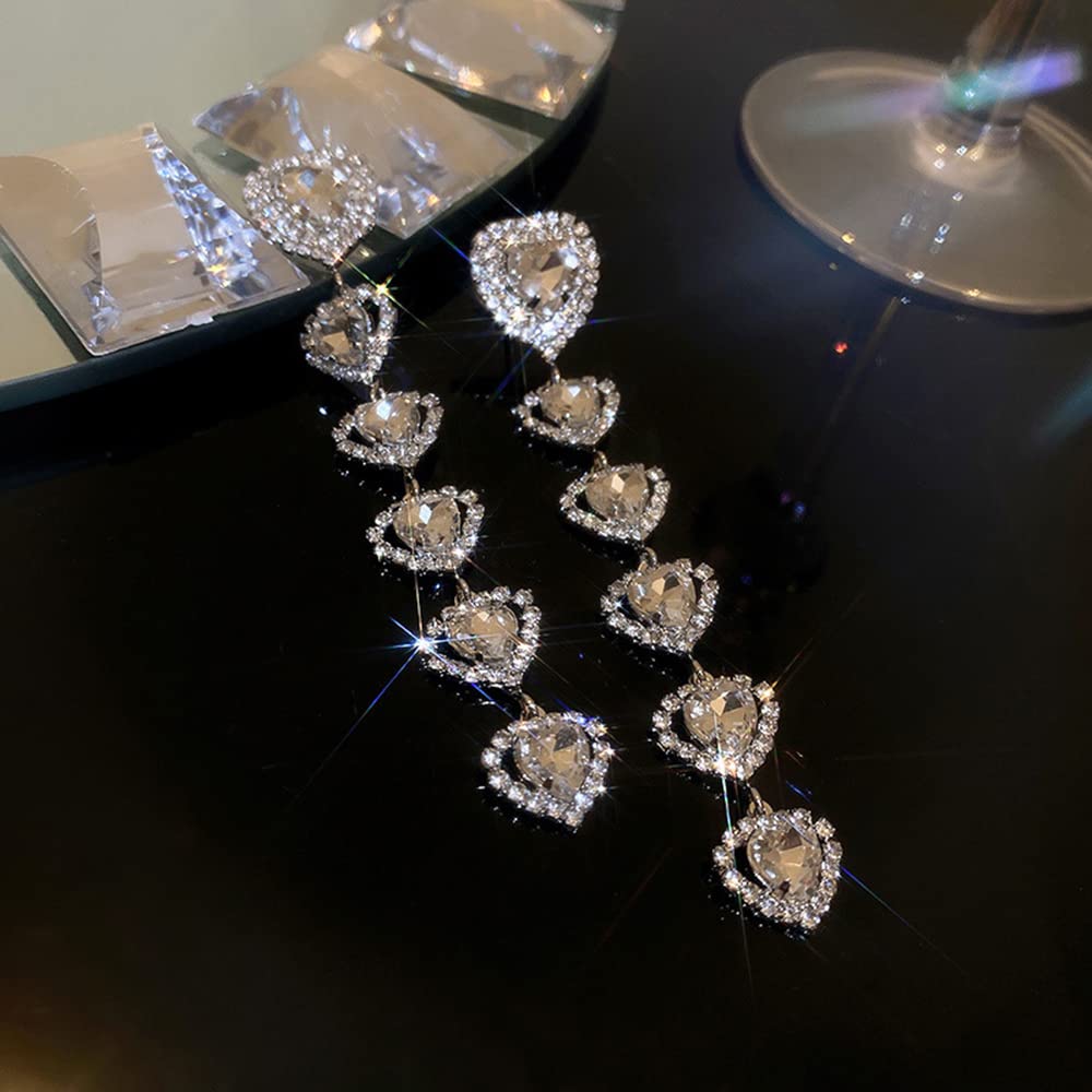 Jumwrit Rhinestone Heart Dangle Earrings - Long Chandelier Drop Earrings for Women, Silver Love Heart Stud Earrings - Perfect for Valentine's Day, Date Night & Special Occasions